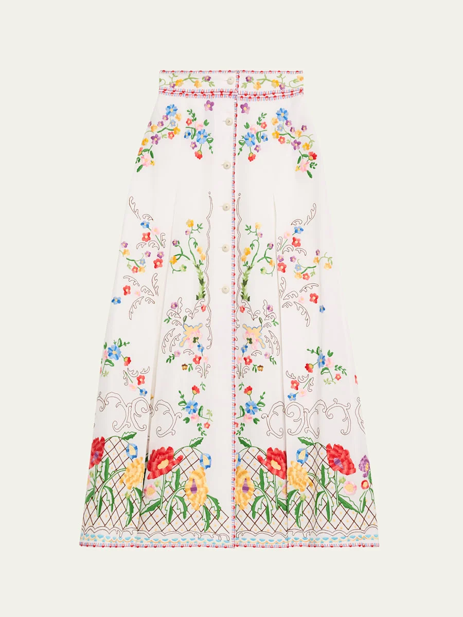 Floral Embroidered Midi Skirt - 1