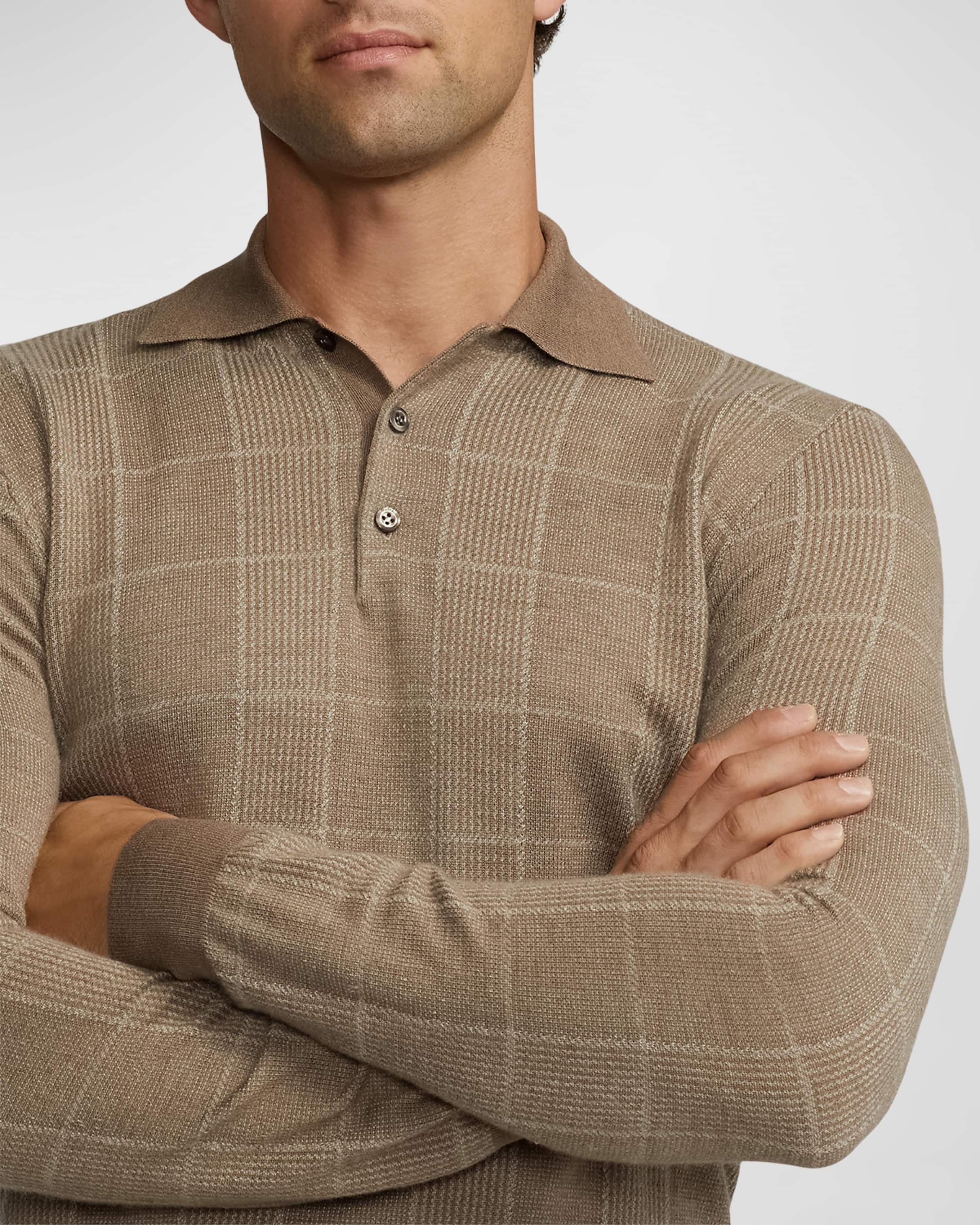 Men's Glen Plaid Cashmere-Silk Polo Sweater - 6