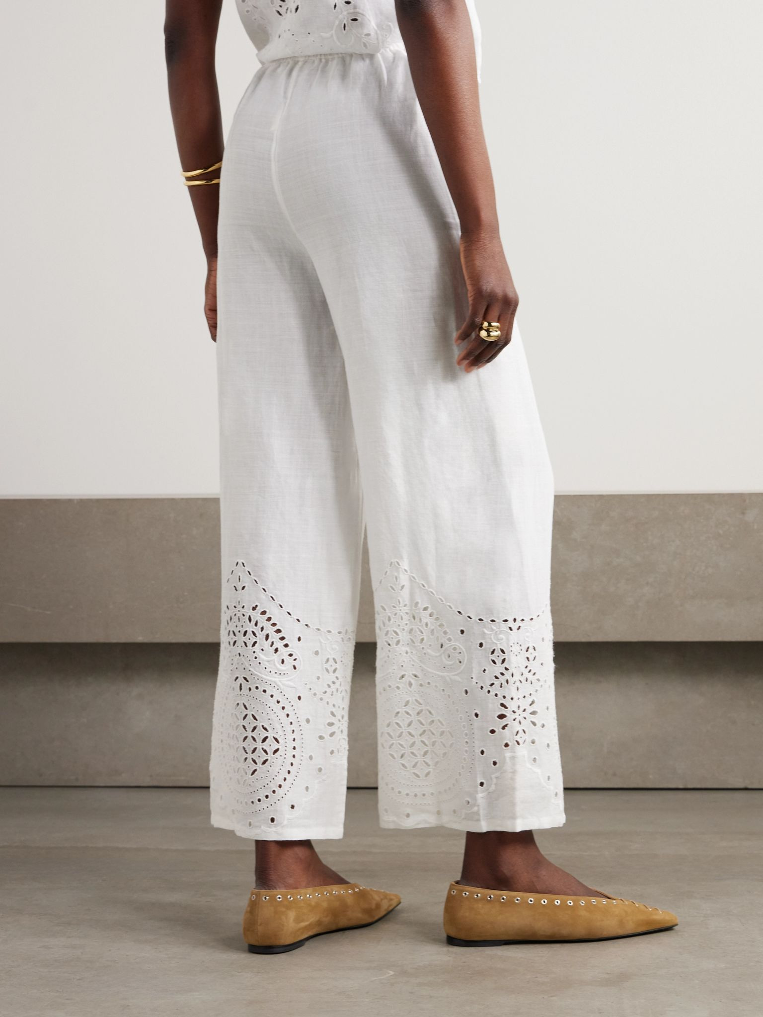 Belvoir broderie anglaise linen straight-leg pants White - 3