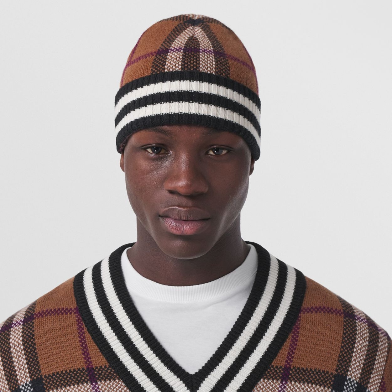 Stripe Detail Check Cashmere Beanie - 4