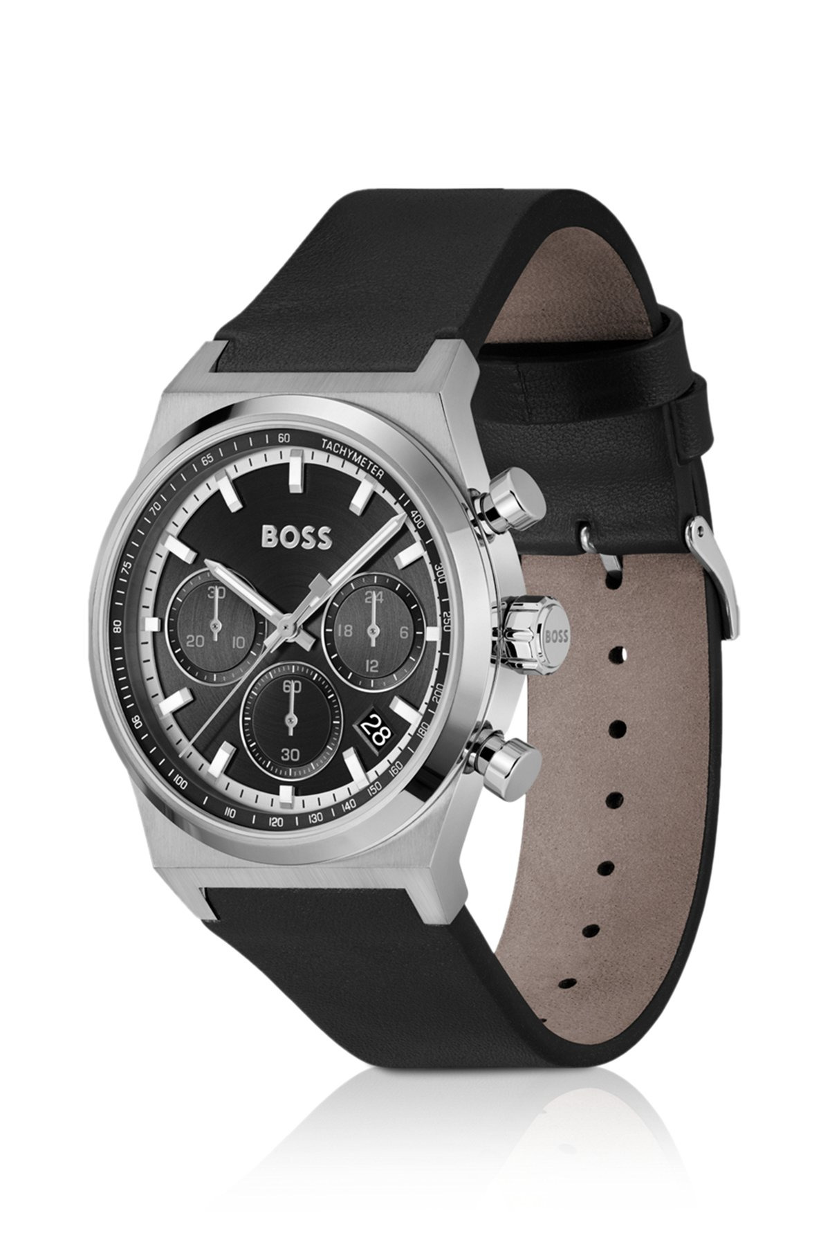 SILVER-TONE CHRONOGRAPH WATCH WITH BLACK LEATHER STRAP - 2