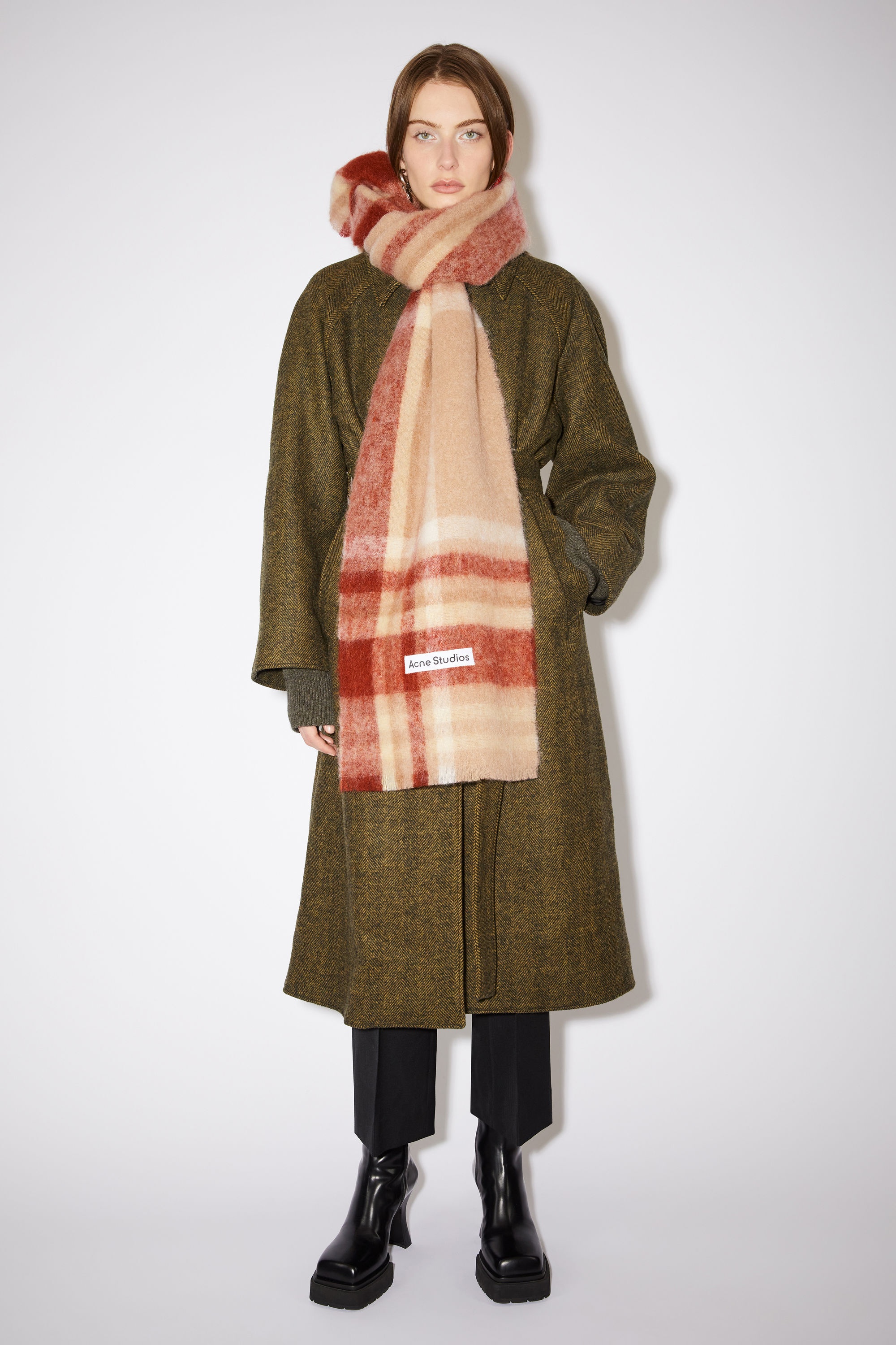 Checked logo wool scarf - Beige/rust red - 2