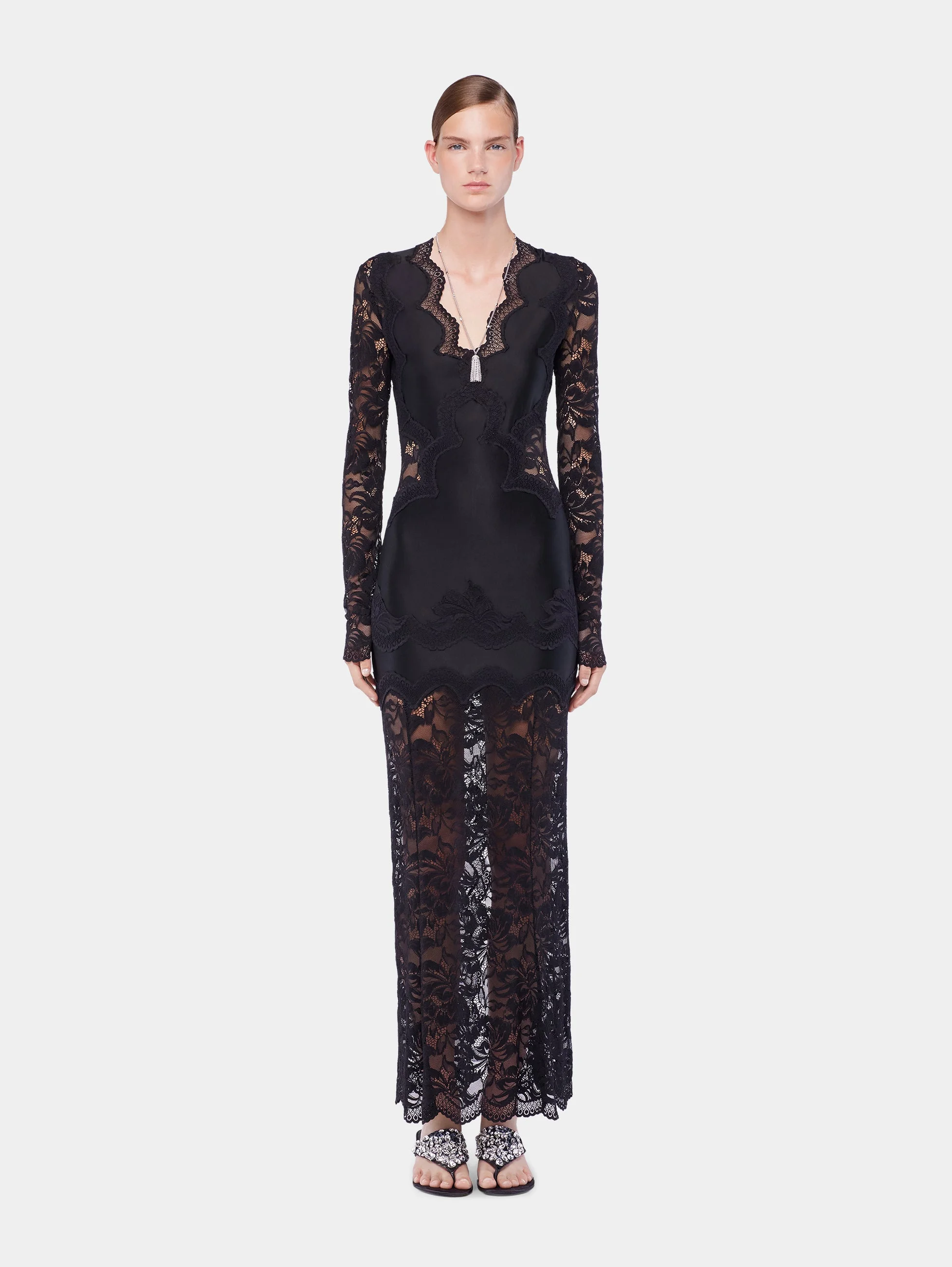 chinese dress ladies Black long dress in lace and jersey  Rabanne
