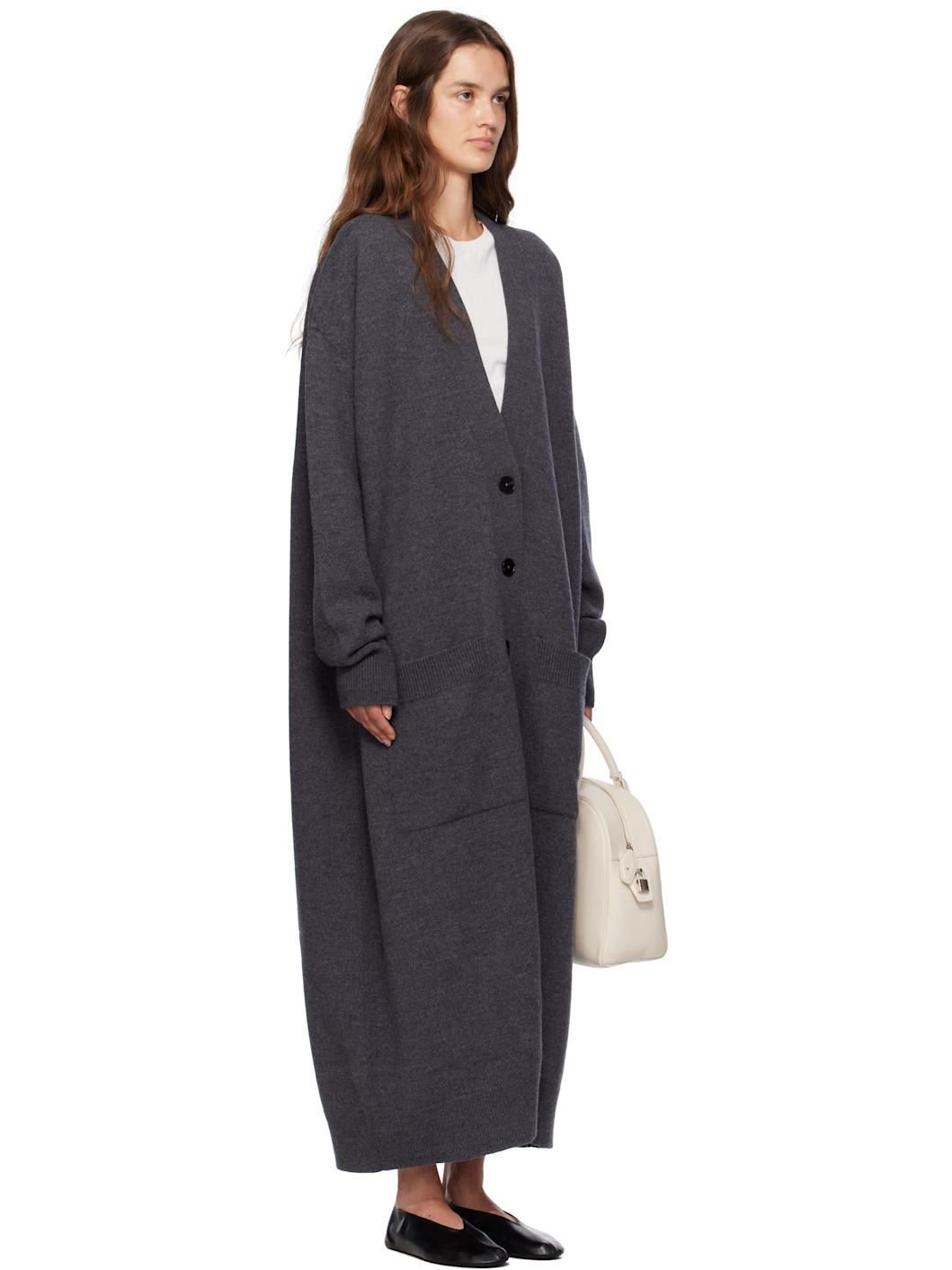 Gray Long V-Neck Knitted Caridgan - 2