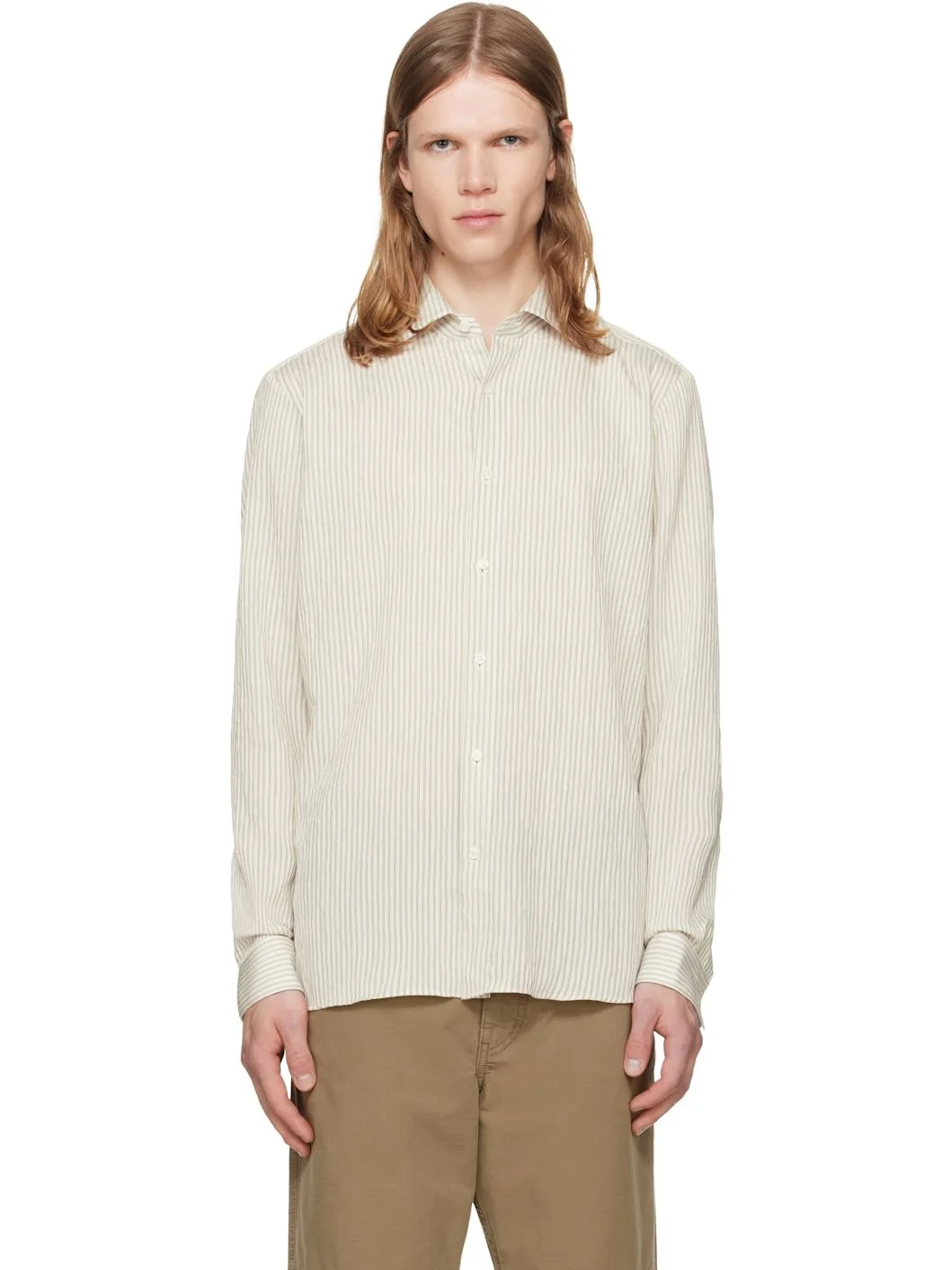 Beige Striped Seersucker Modern-Fit Shirt - 1