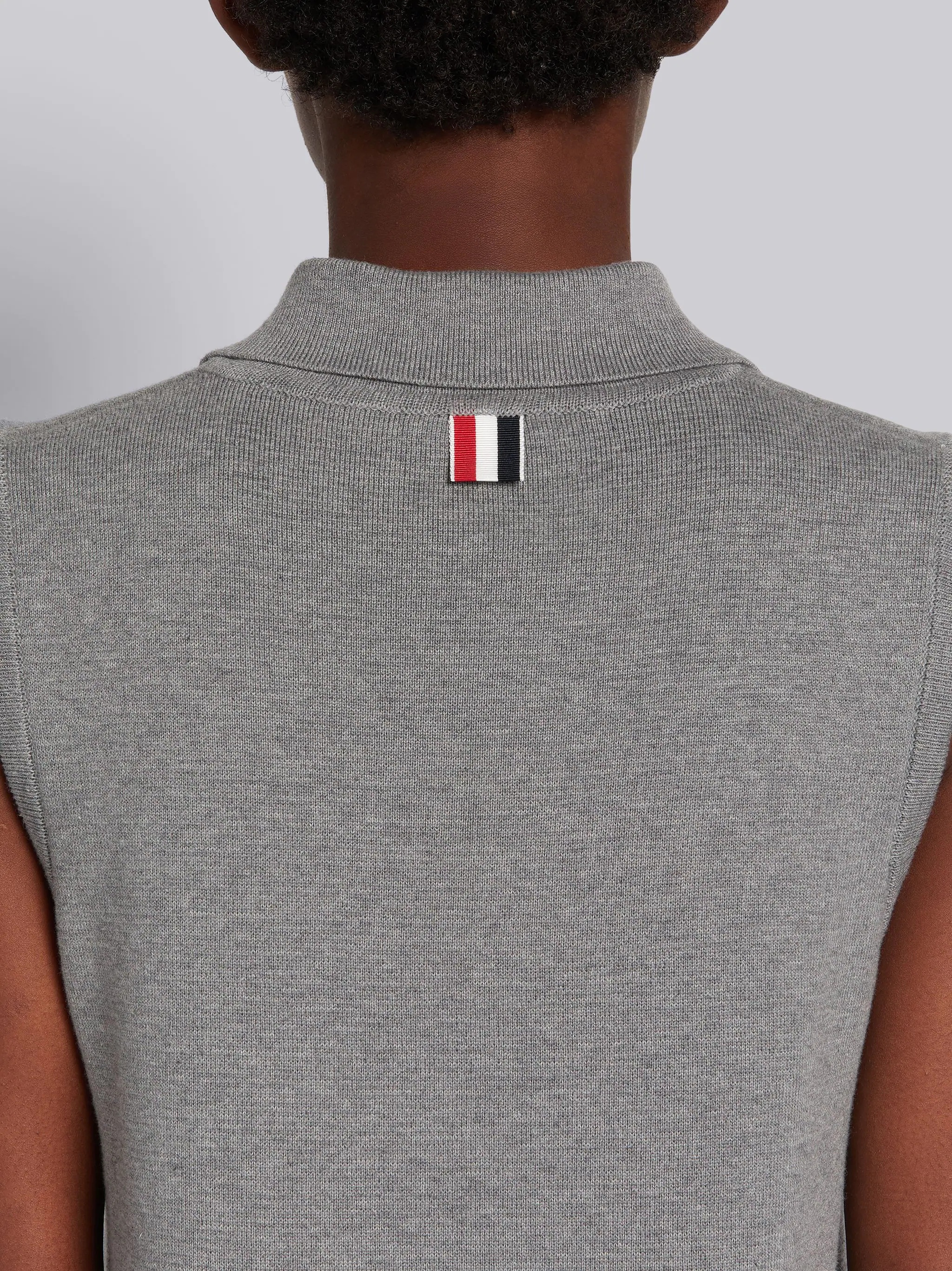 Light Grey Cotton Milano Stitch Silk Rep 4-Bar Stripe Sleeveless Pleated Polo Dress - 5