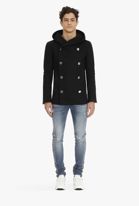 Black wool hooded pea coat with double-breasted silver-tone buttoned fastening - 4