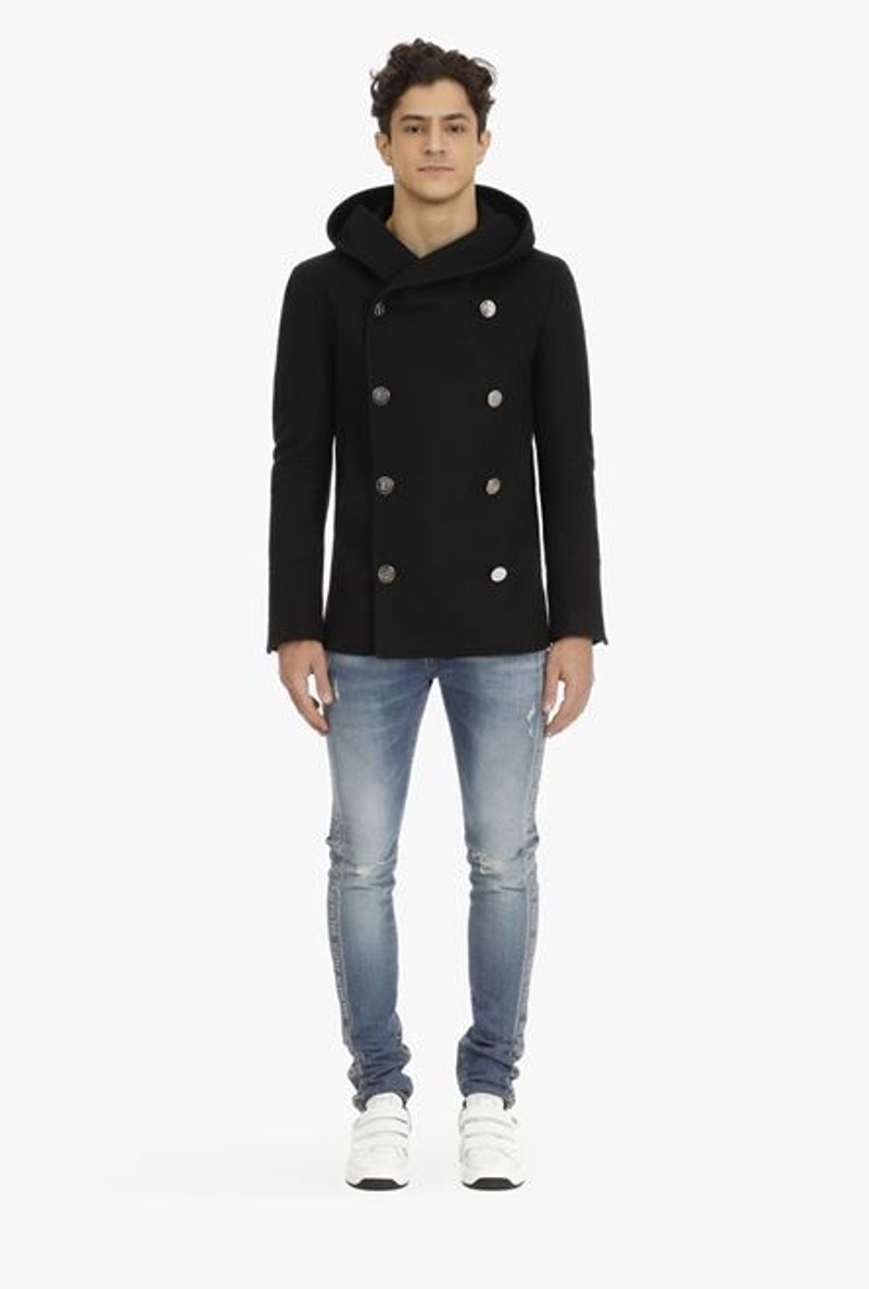 Black wool hooded pea coat with double-breasted silver-tone buttoned fastening 4