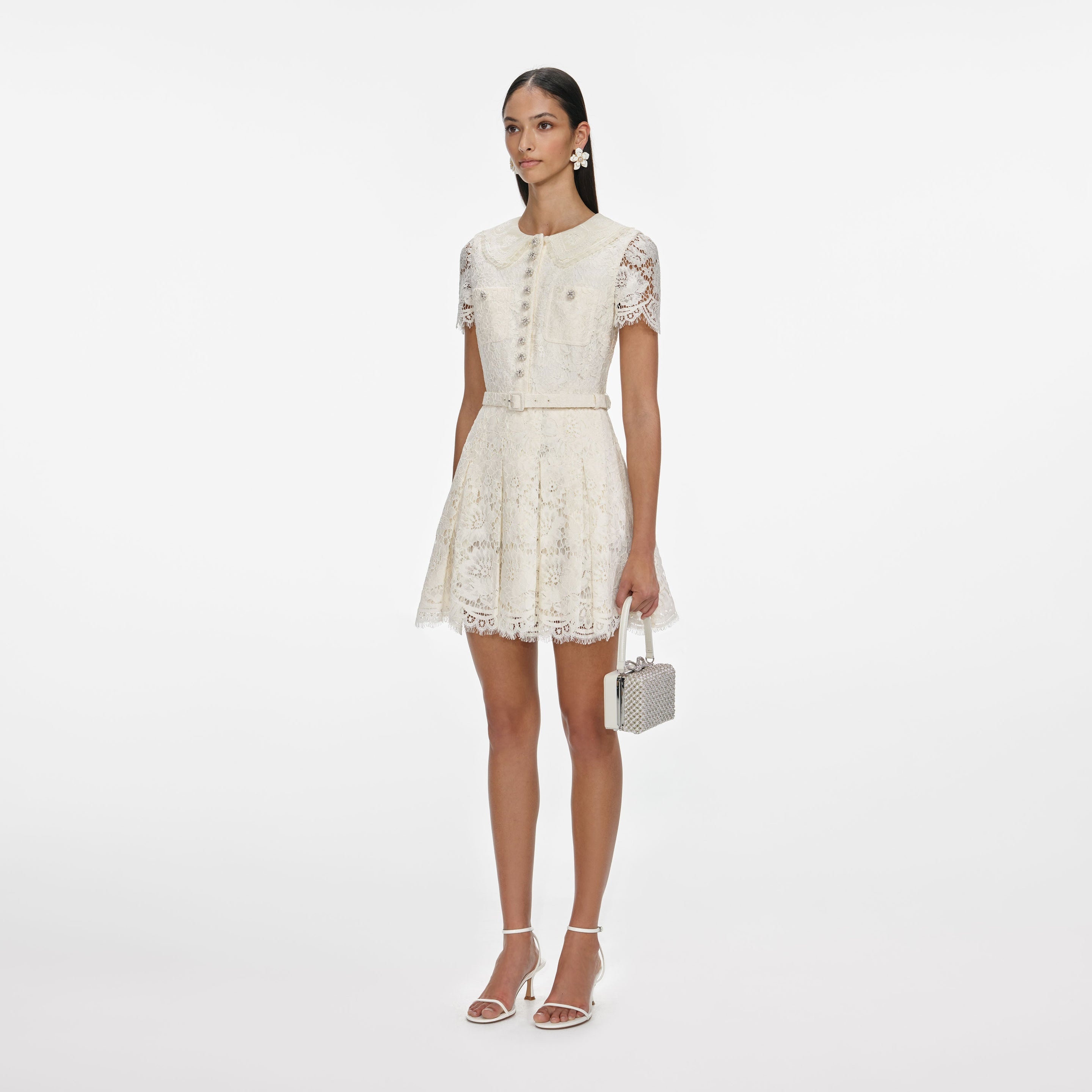 Cream Floral Lace Mini Dress - 2