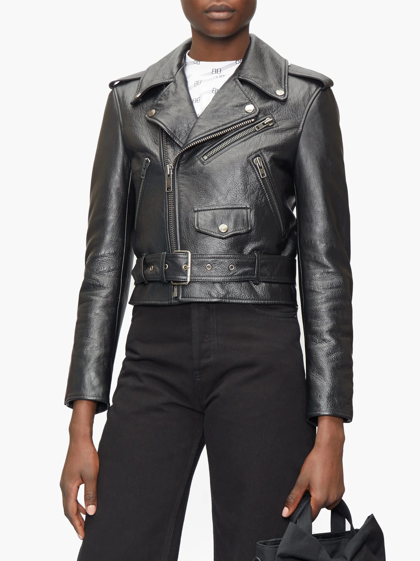 Grained-leather cropped biker jacket - 6