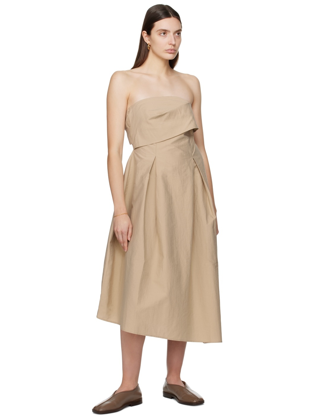 Beige Strapless Midi Dress - 4