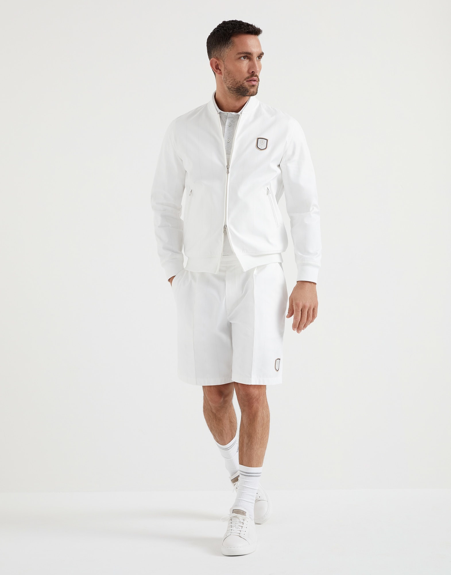 Chalk stripe nylon pleated Bermuda shorts with tabbed waistband and tennis badge - 4