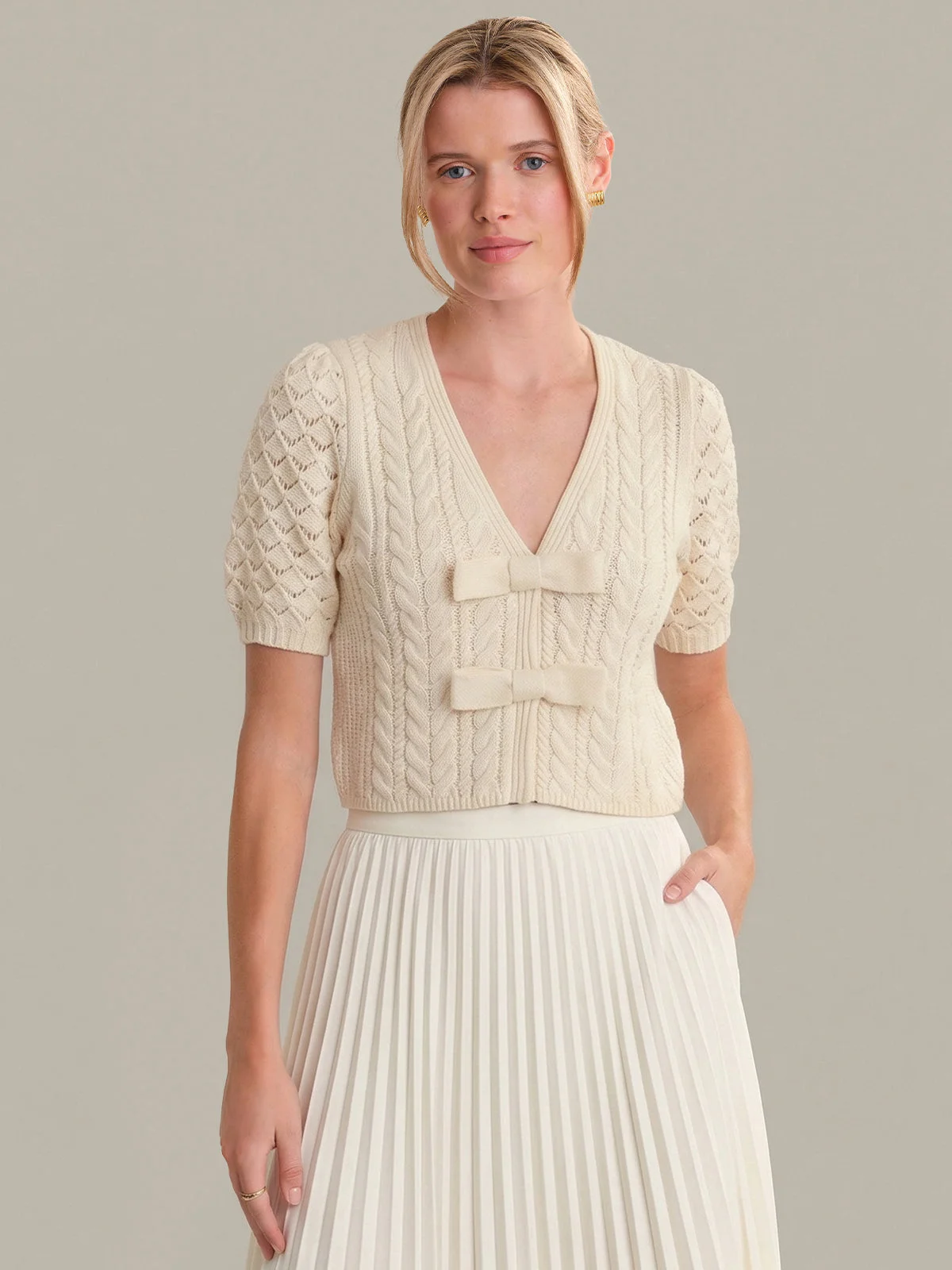 Elaine: Cotton Puff Sleeve Tie Front Top - 1