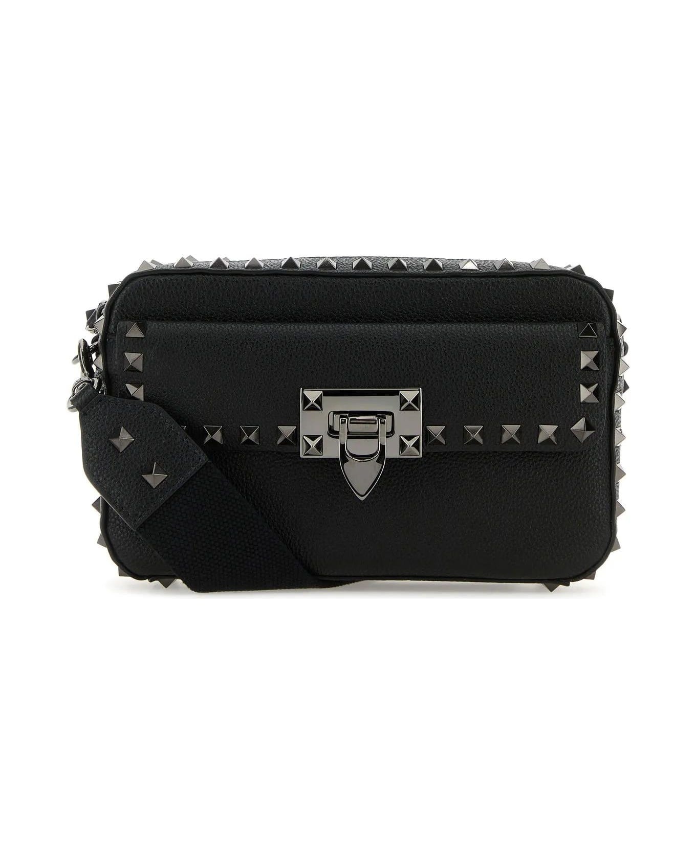 Black Leather Rockstud Crossbody Bag - 1