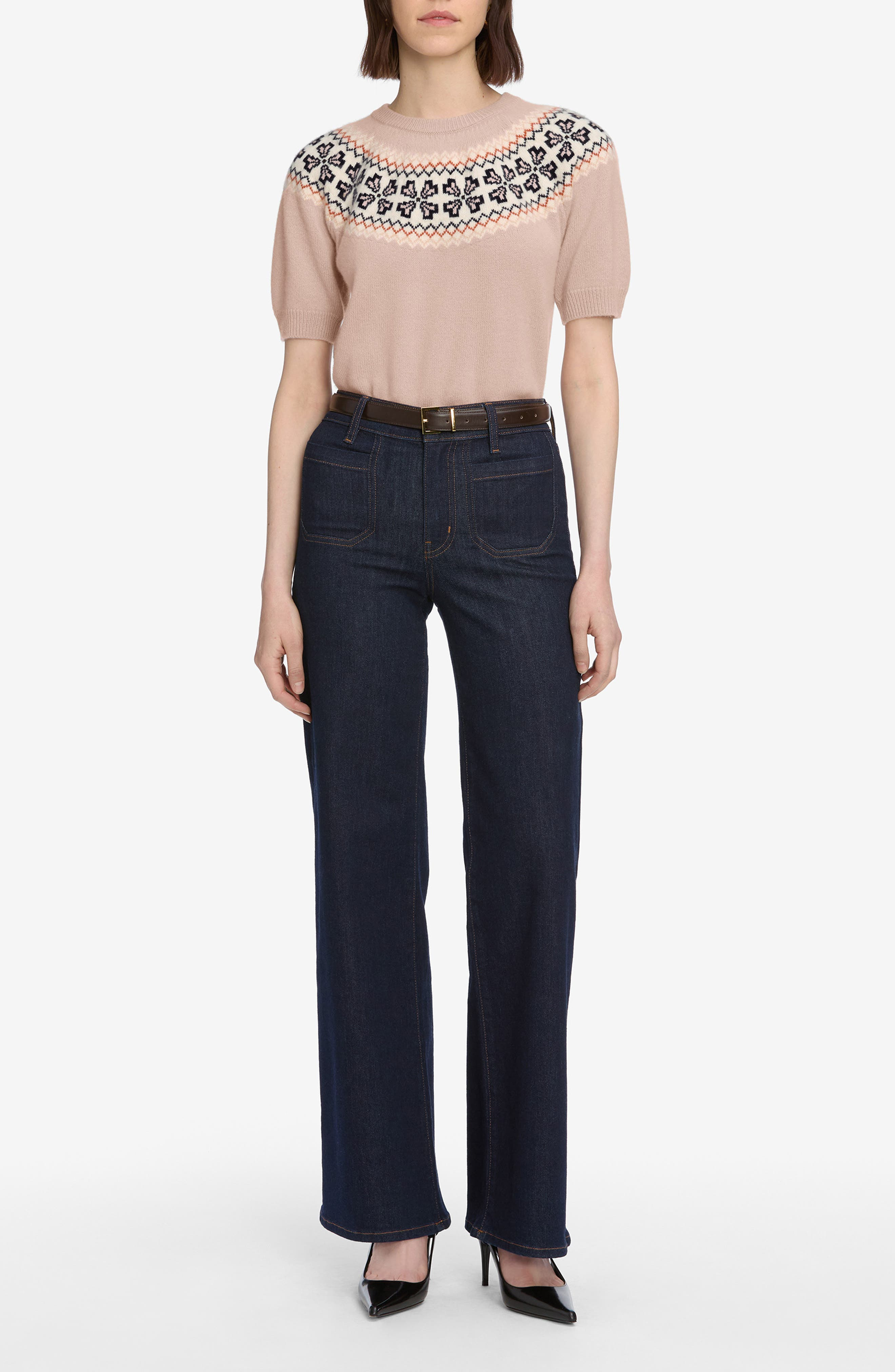 FRAME The Fair Isle Short Sleeve Cashmere Sweater in Pink Sand at Nordstrom - 5