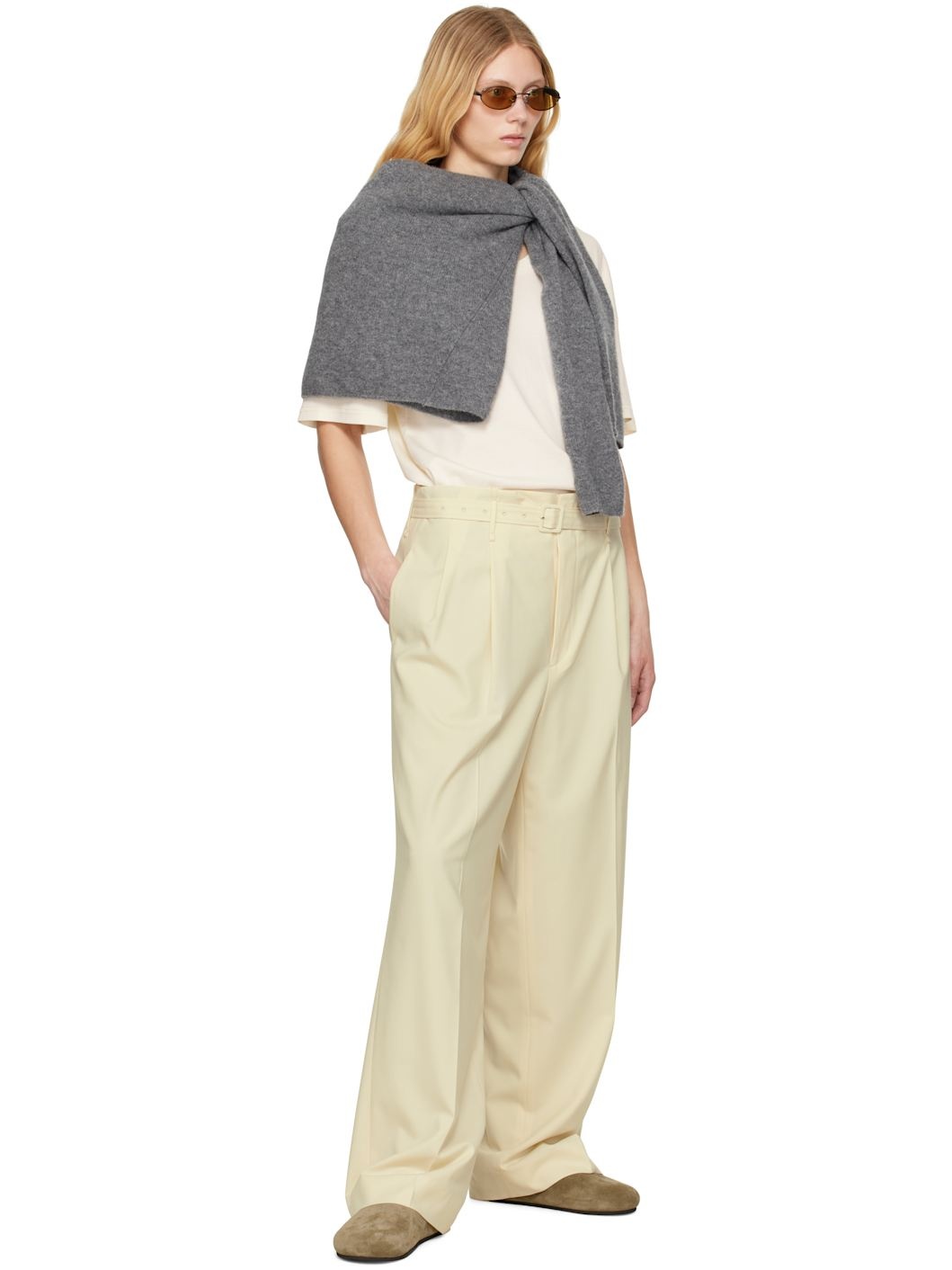 Beige Super Fine Tropical Wool Two-Tuck Trousers - 4