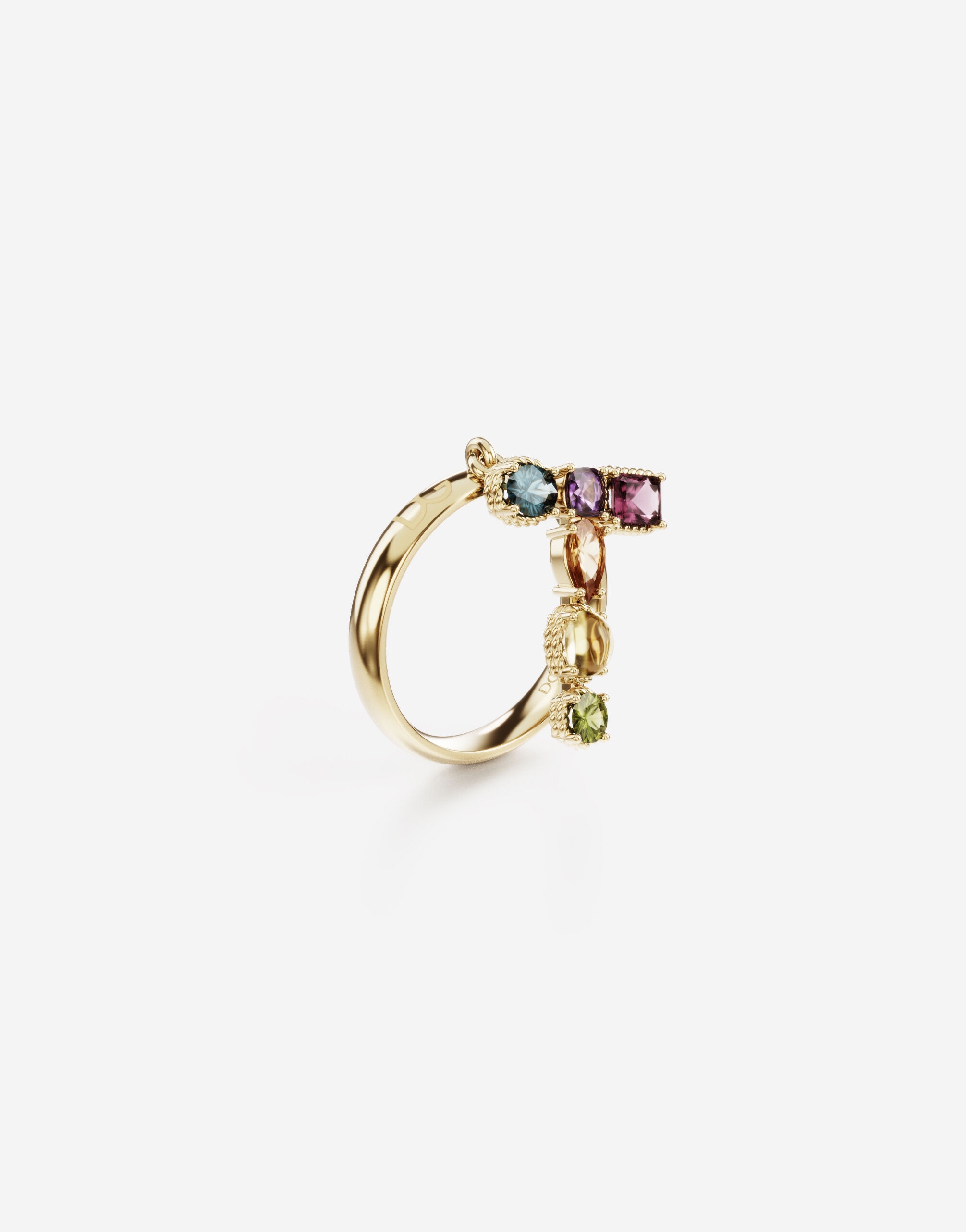 Rainbow alphabet T ring in yellow gold with multicolor fine gems - 3