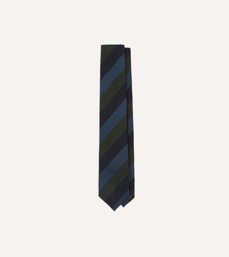 Navy, Green and Blue Block Stripe Hand Rolled Silk Grenadine Tie 1