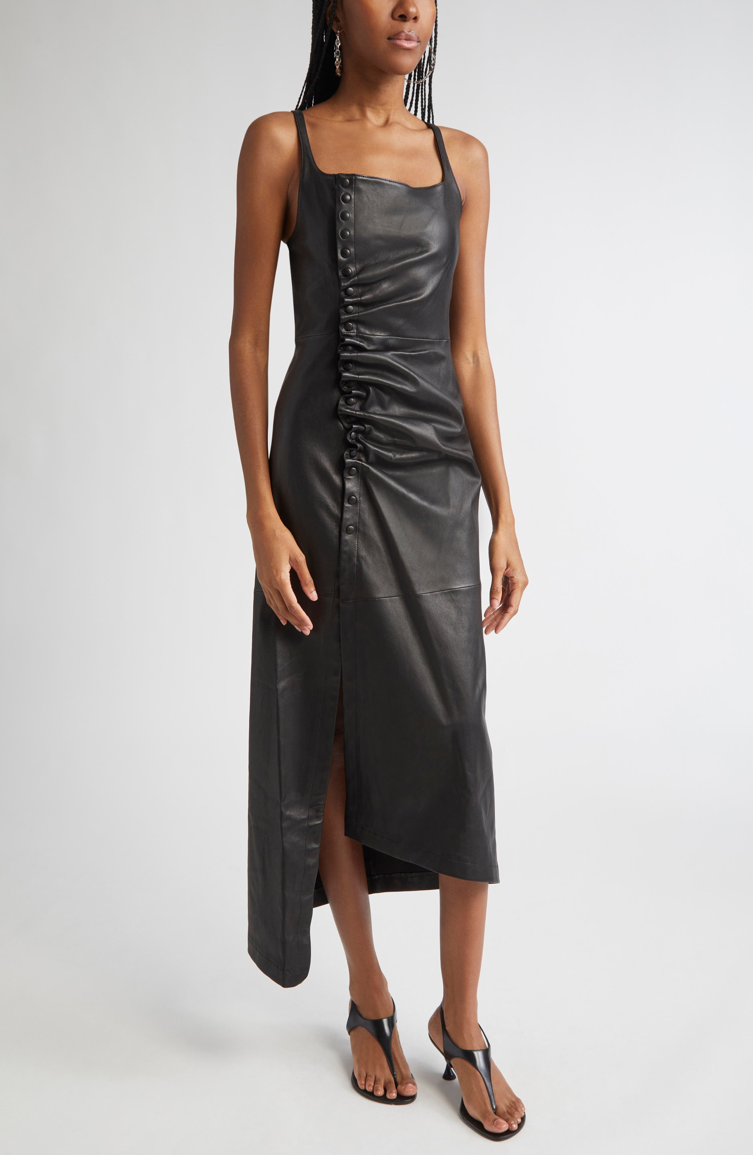 Rabanne Draped Lambskin Leather Midi Dress in Black at Nordstrom - 4