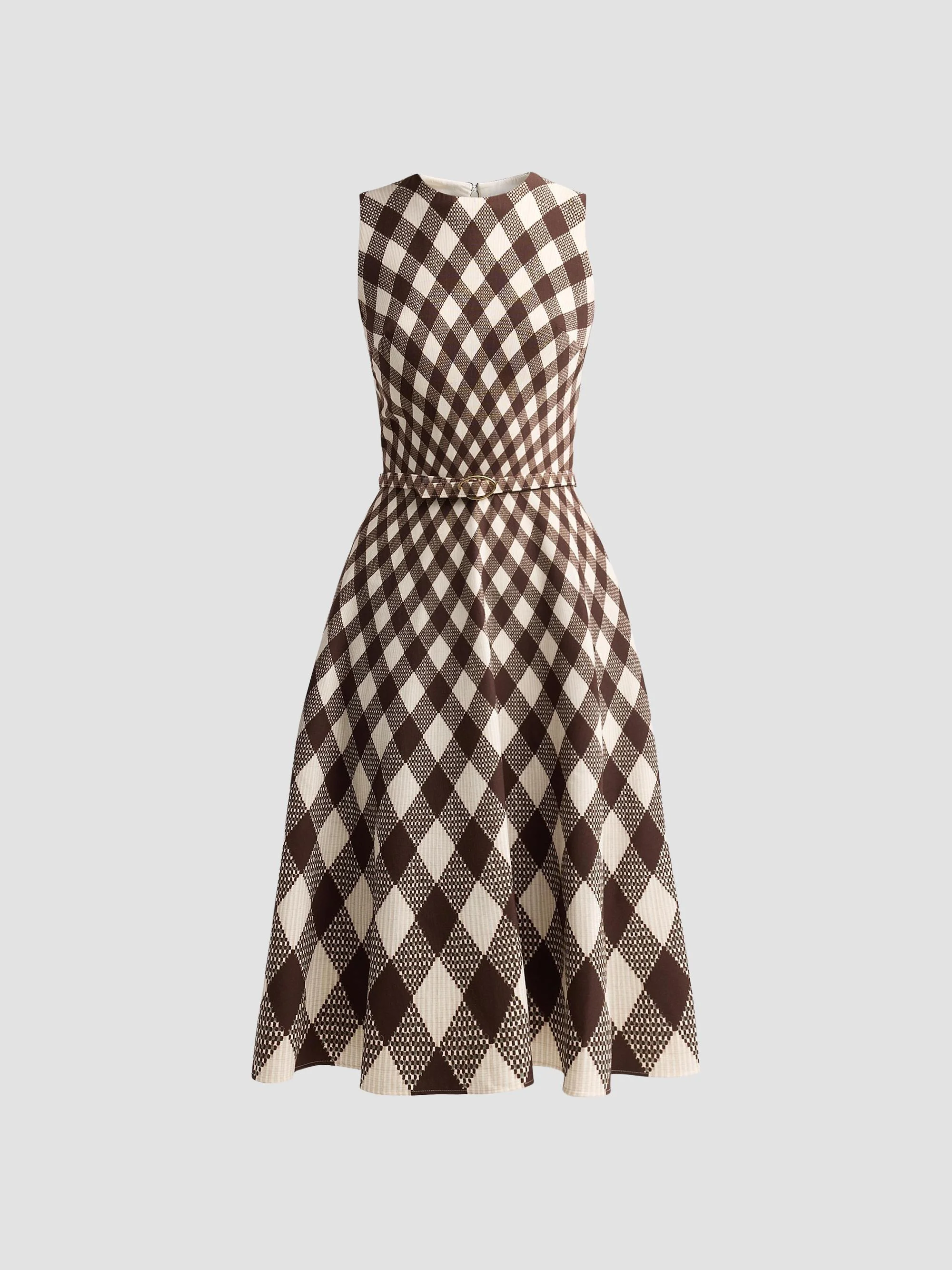 Women's Argyle Degrade Wool Sleeveless Day Dress - Brown Ivory - 1