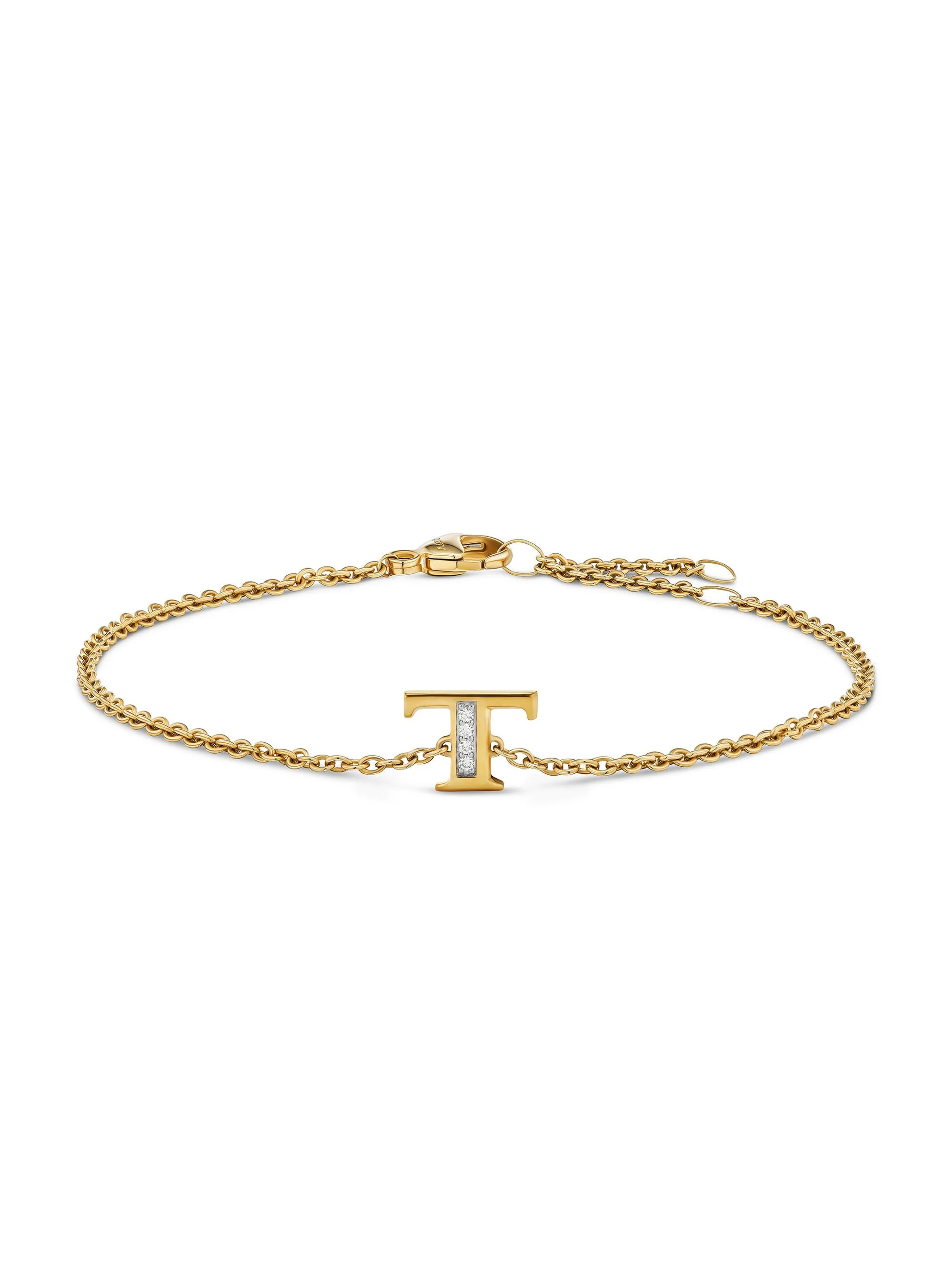 Women's Petite Pavé Initial Chain Bracelet in 18K Yellow Gold - Initial T - 1