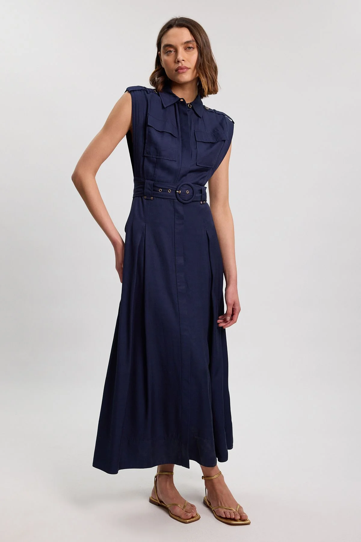 Premium Viscose Linen Belted Woven Midaxi Dress With Gold Hardware Detail - 1