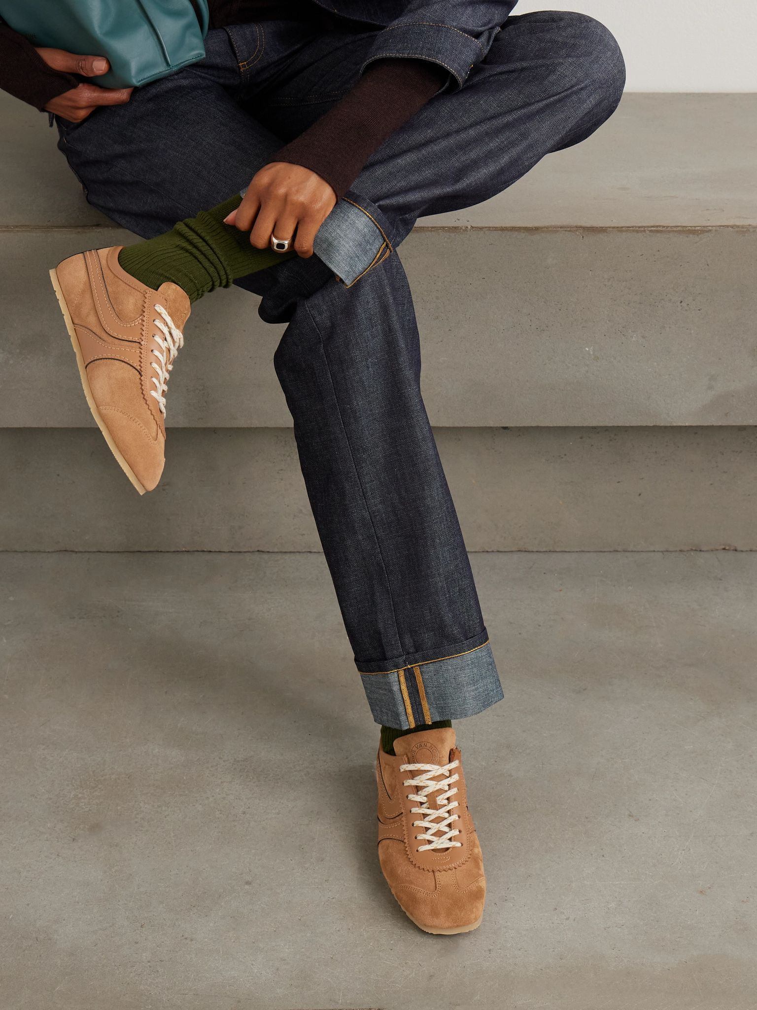 Leather-trimmed suede sneakers Tan - 2