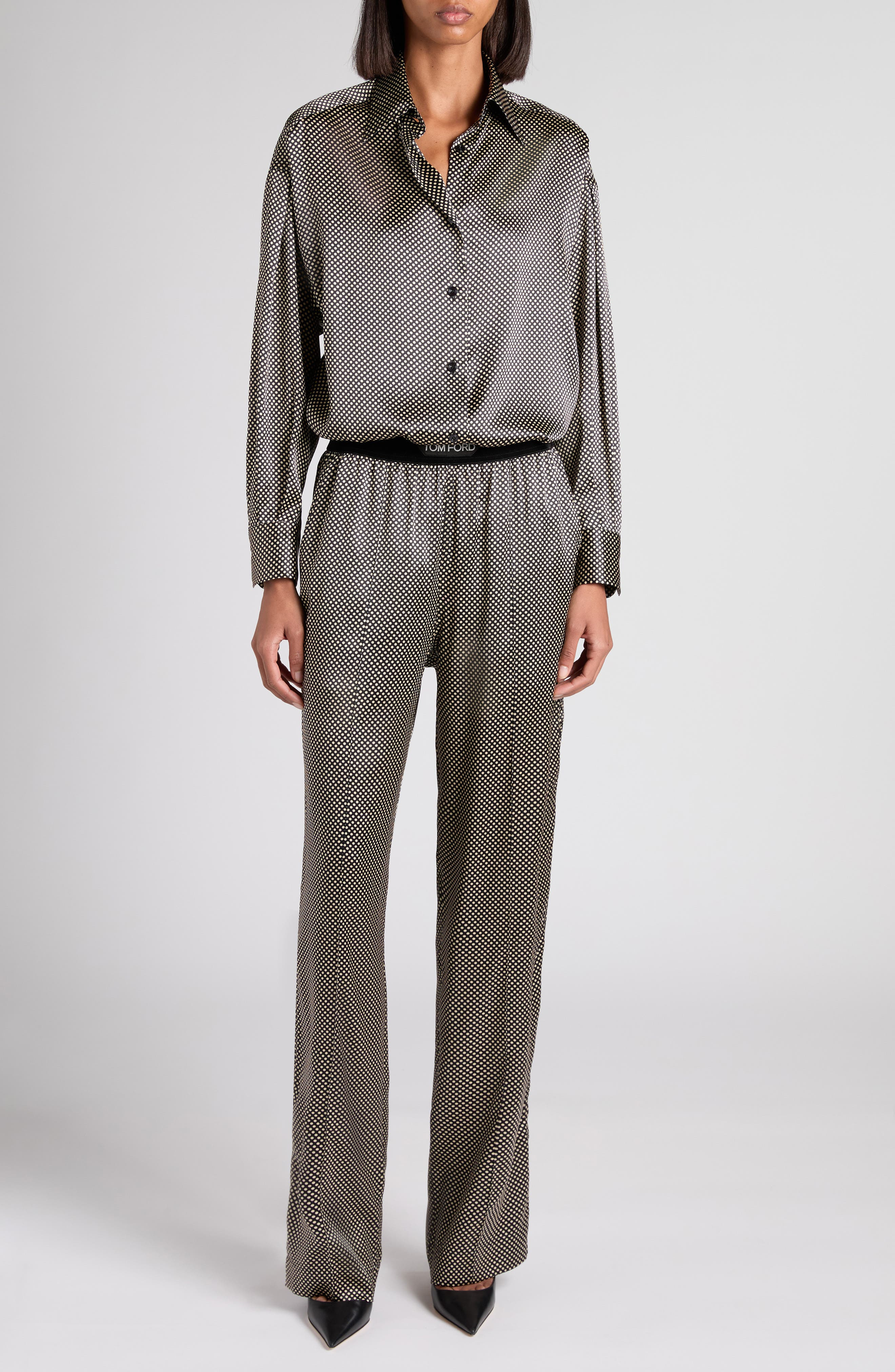 TOM FORD Relaxed Fit Stretch Silk Satin Button-Up Shirt in Black/Black/White at Nordstrom - 2