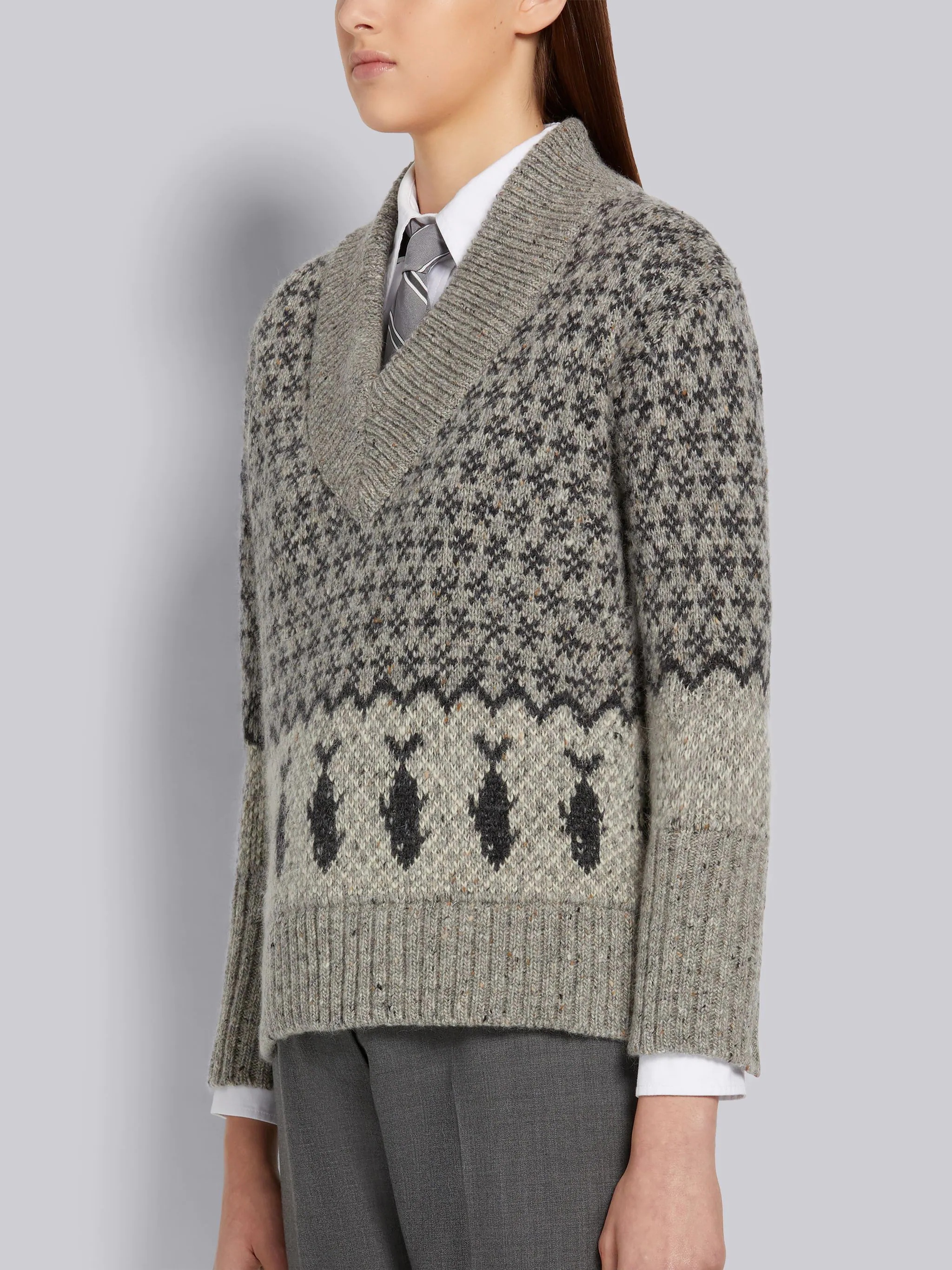 Fun-mix Grey Mohair Tweed Bear Fair Isle Jacquard Oversized V-Neck Pullover - 2