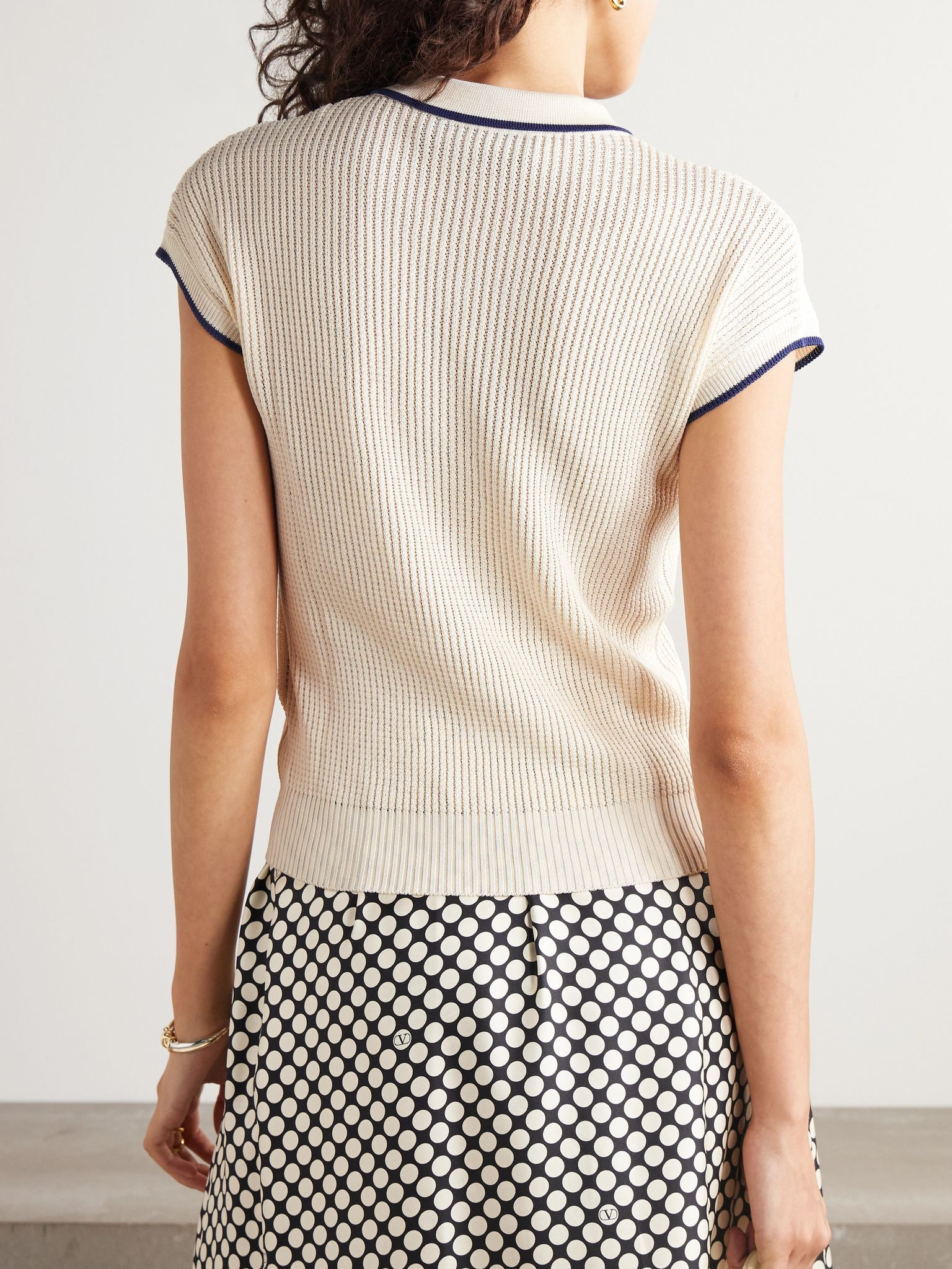 Embroidered waffle-knit cotton-blend polo shirt Cream - 3