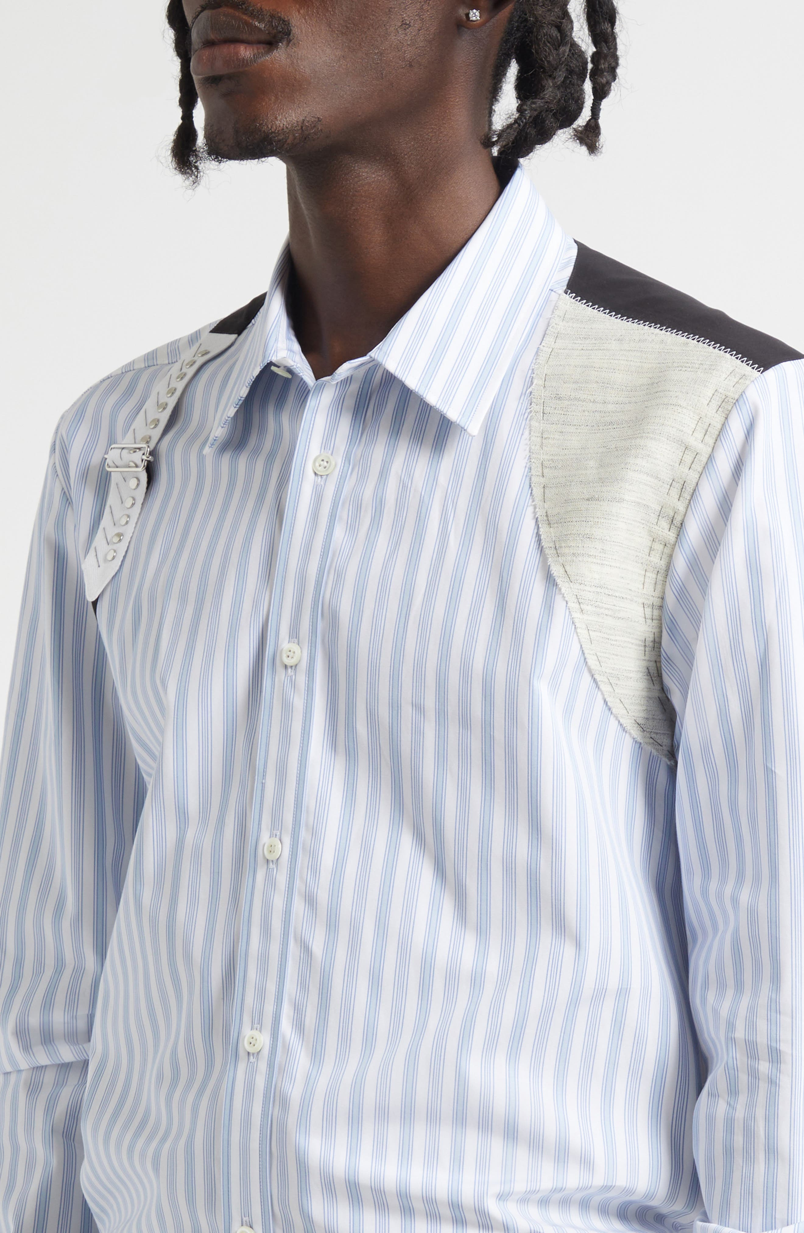 McQueen Canvas Detail Harness Strap Cotton Poplin Button-Up Shirt in Optic White-S Blue at Nordstrom - 5
