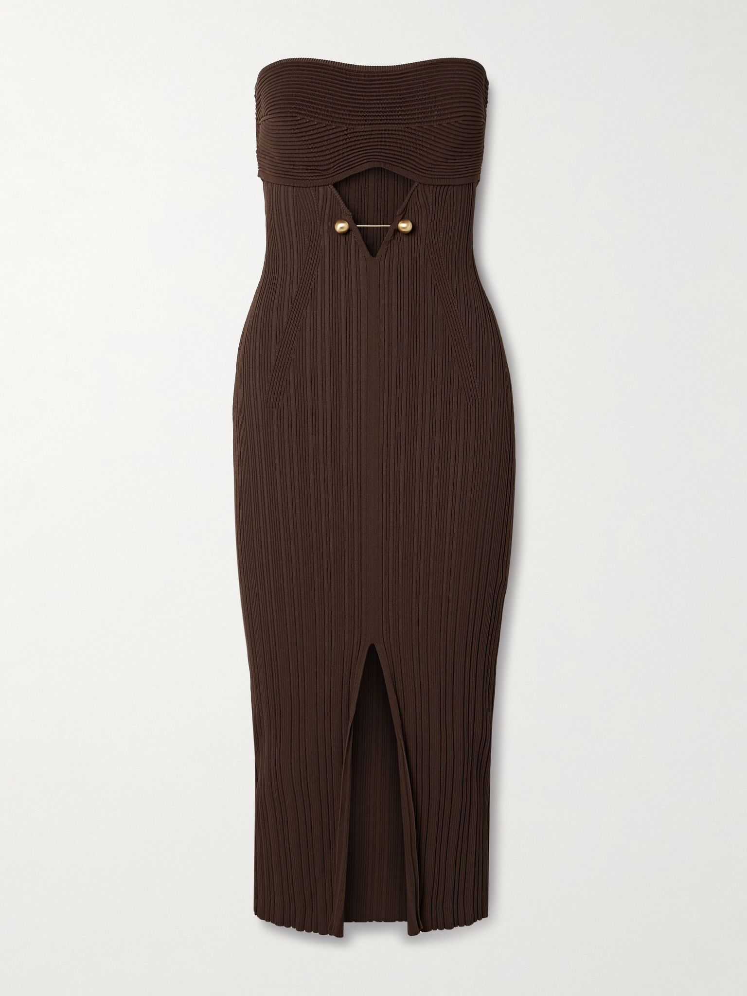 Christy strapless embellished cutout ribbed-knit midi dress Chocolate - 1