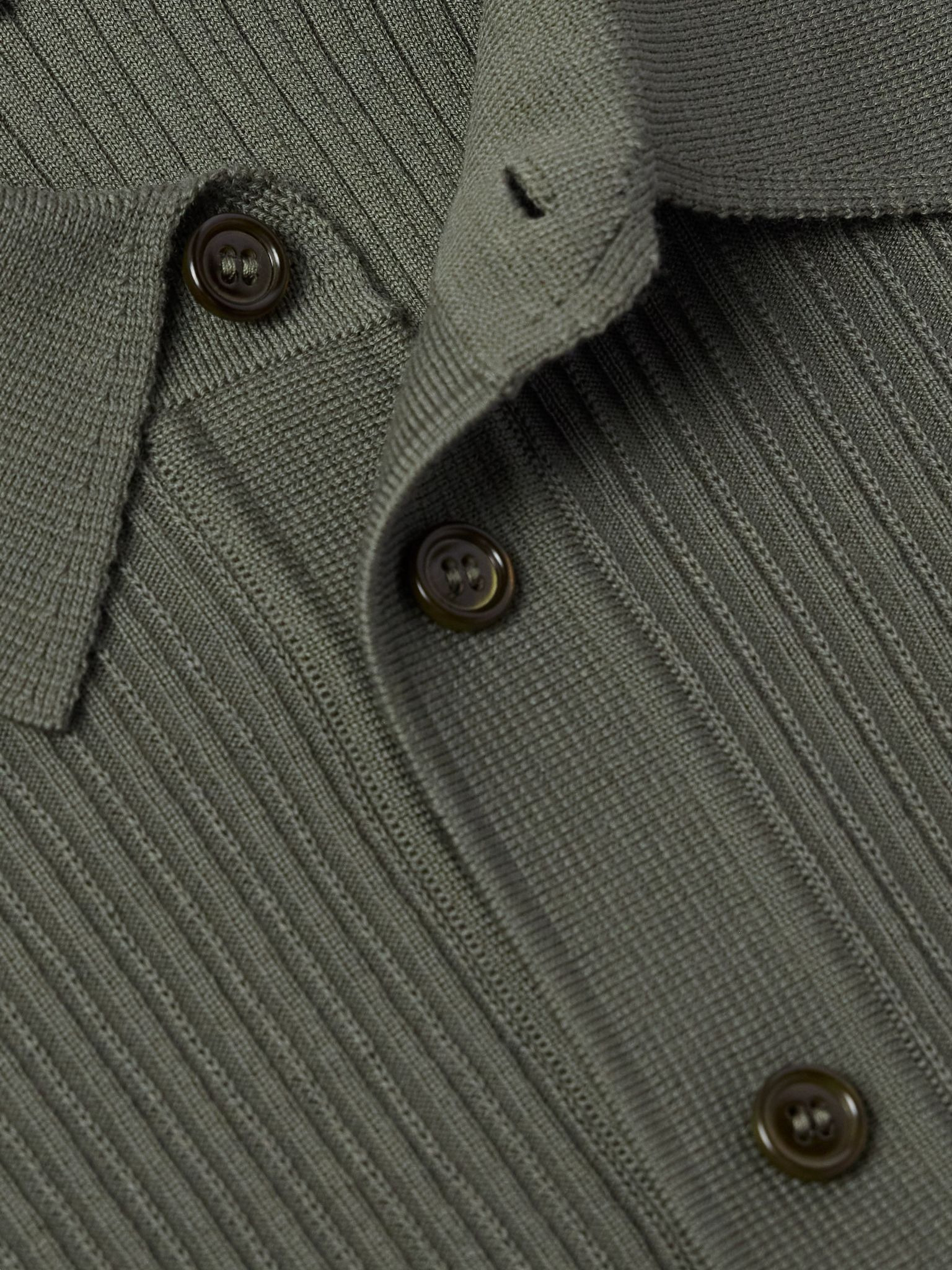 Pointelle-Knit Wool Polo Shirt Green - 5