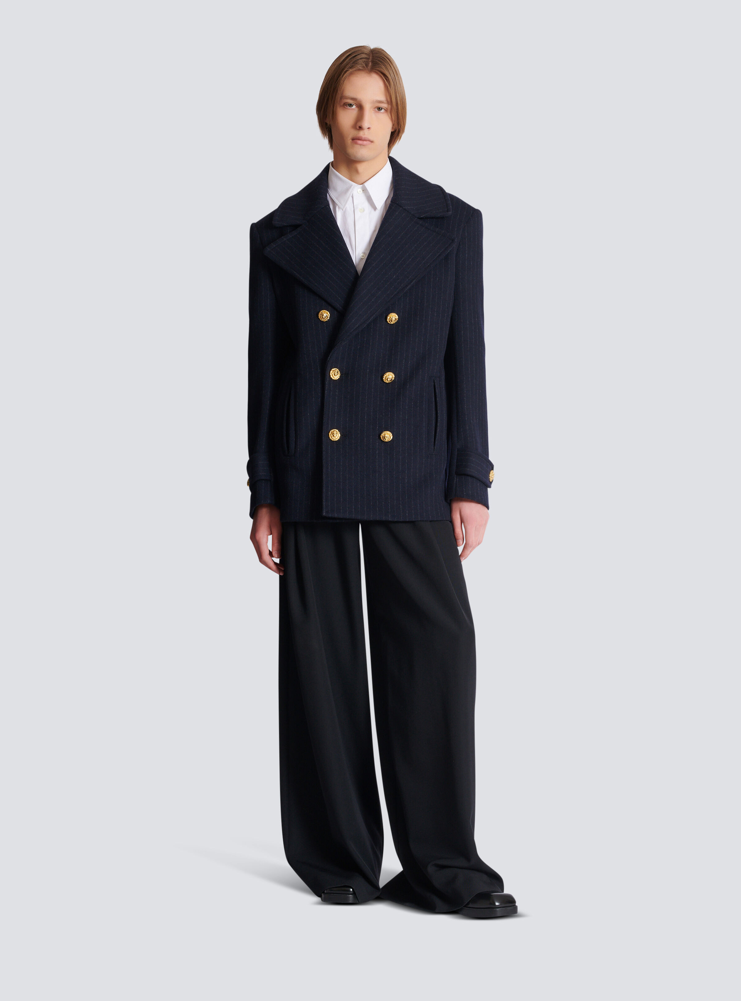 Short striped wool pea coat - 2