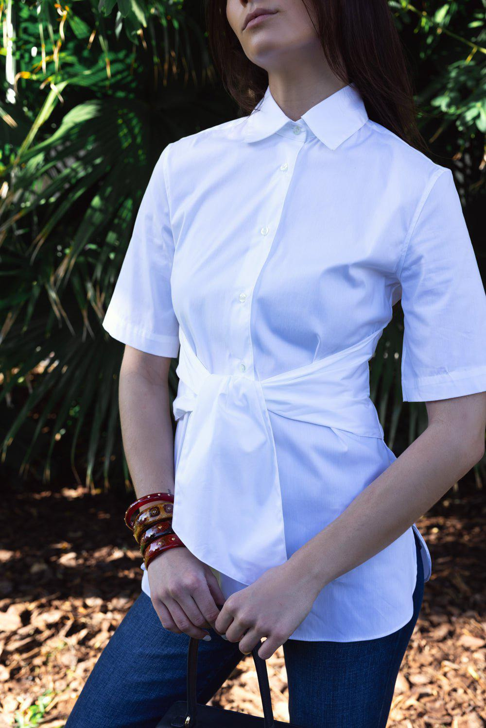 Elbow Sleeve Tie Waist Top - 2