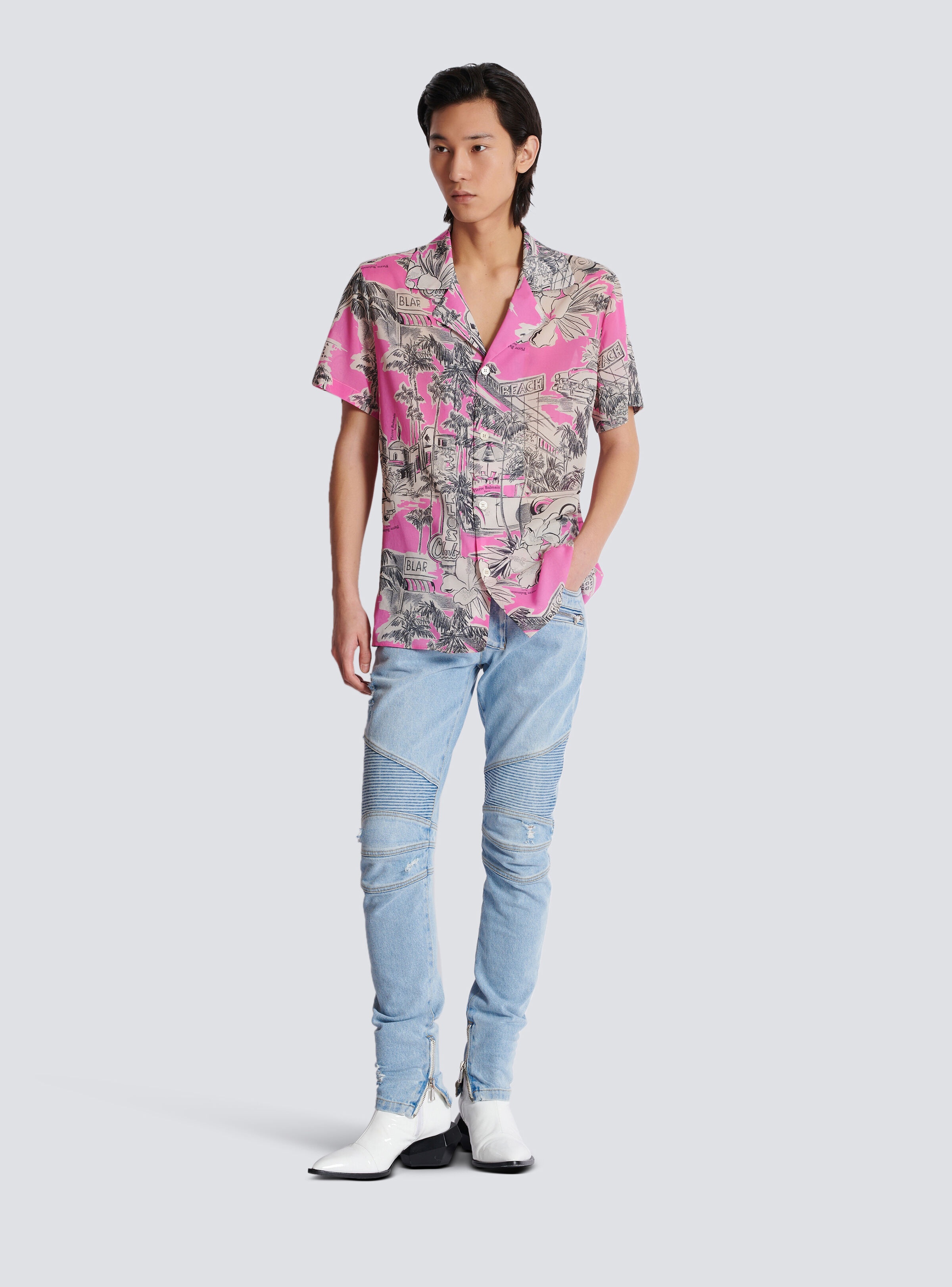 Short-sleeved silk pyjama shirt with Miami print - 2