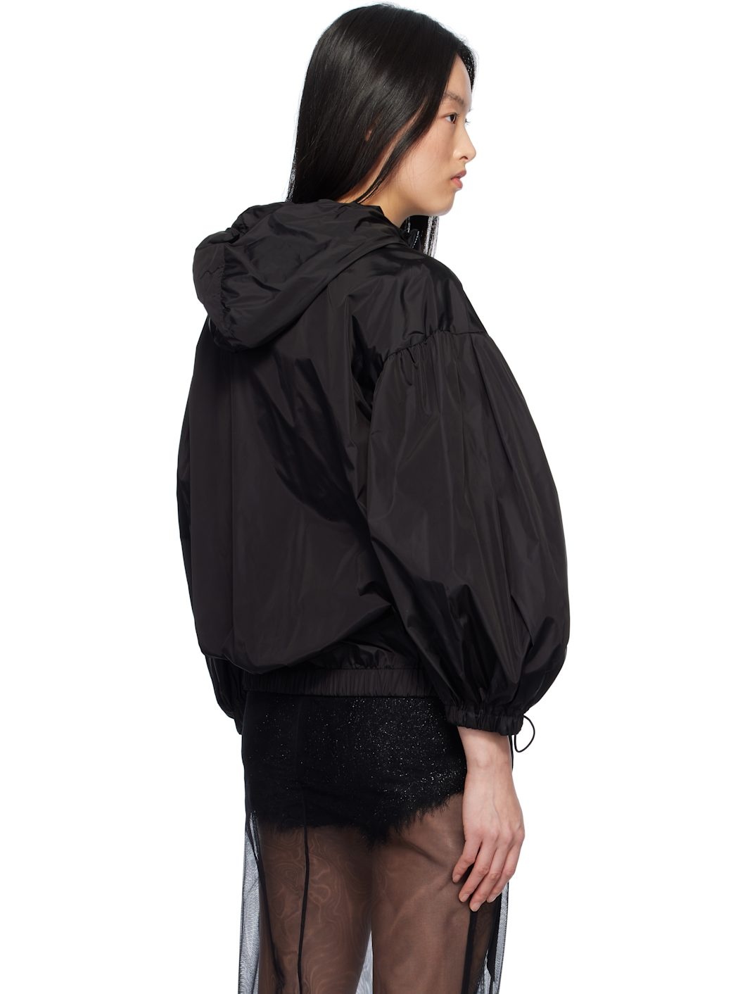 Black Cargo Flap Pocket Puff Sleeve Drawstring Jacket - 3