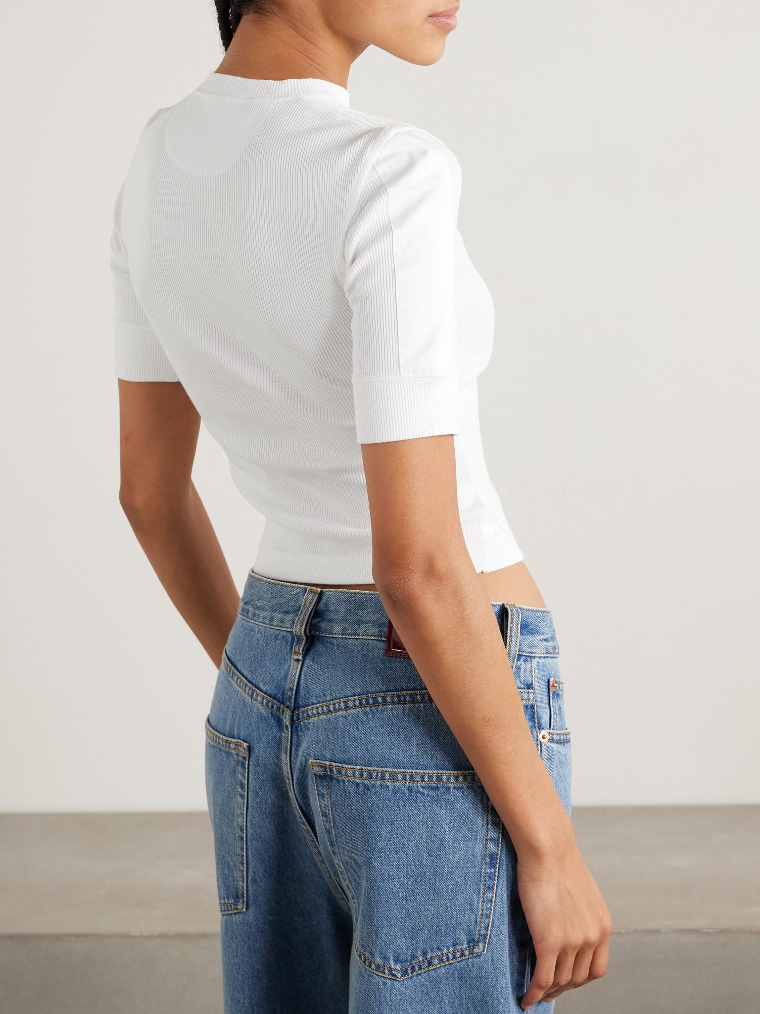 Cotton-poplin trimmed ribbed cotton-blend top White - 4