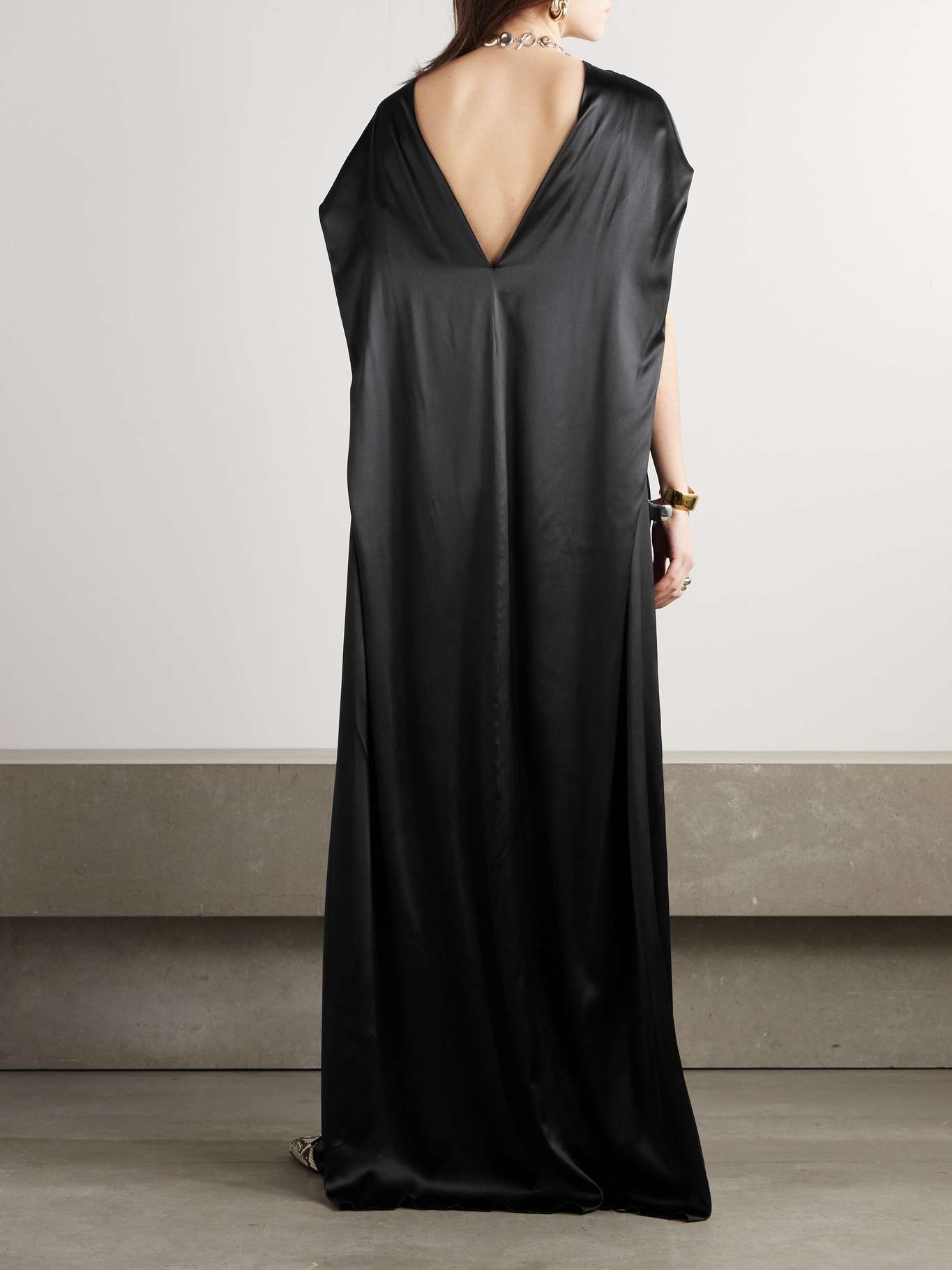 Open-back draped silk-blend satin gown Black - 4