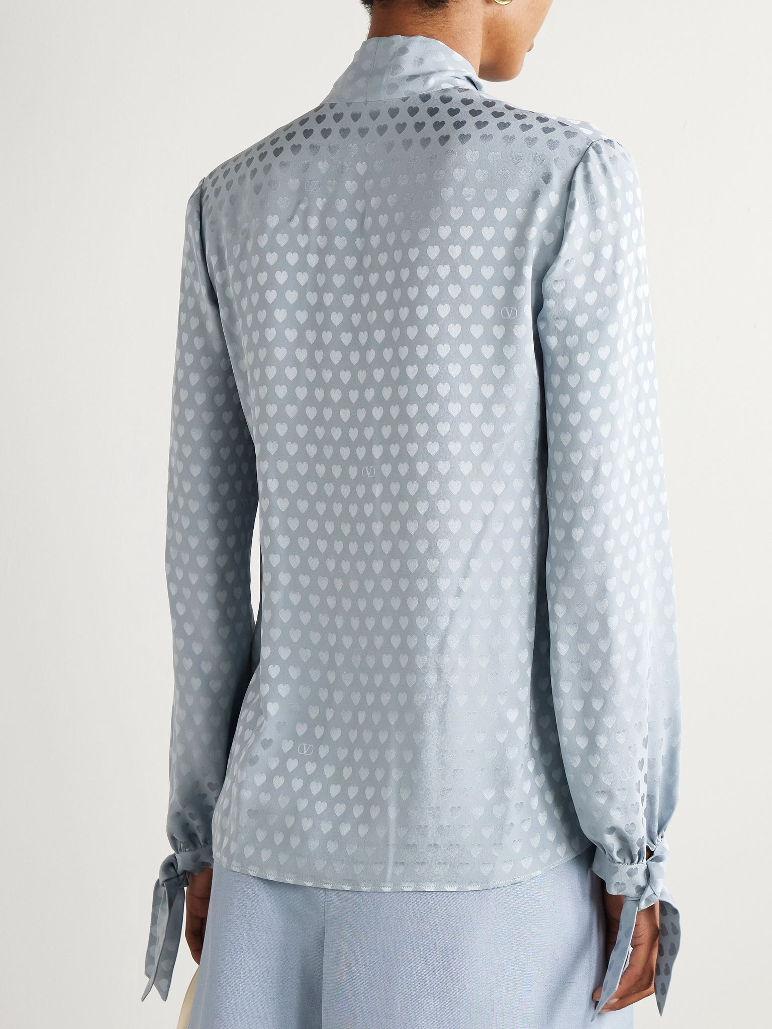 Fringed tie-neck silk-jacquard blouse Blue - 4