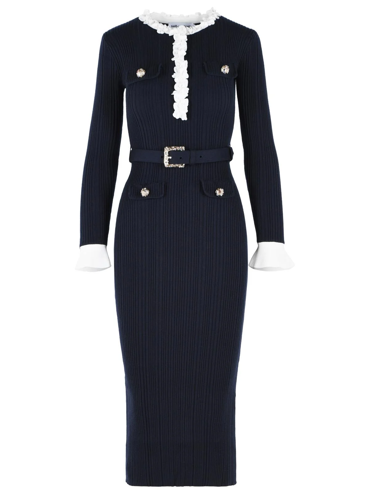 Self Portrait 'Flower' Midi Dress In Navy Wool Blend Women - 1