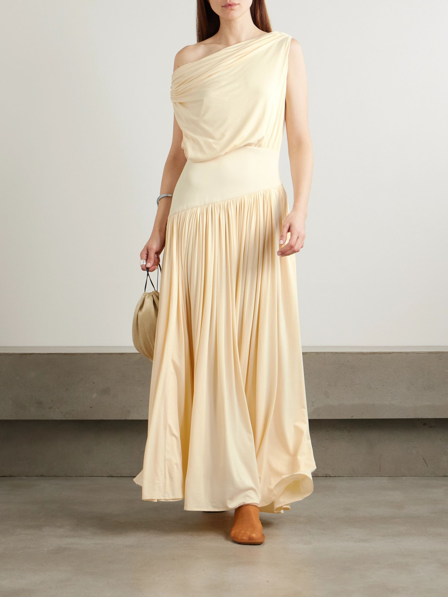 One-shoulder asymmetric draped jersey-trimmed stretch-bamboo maxi dress Cream - 2