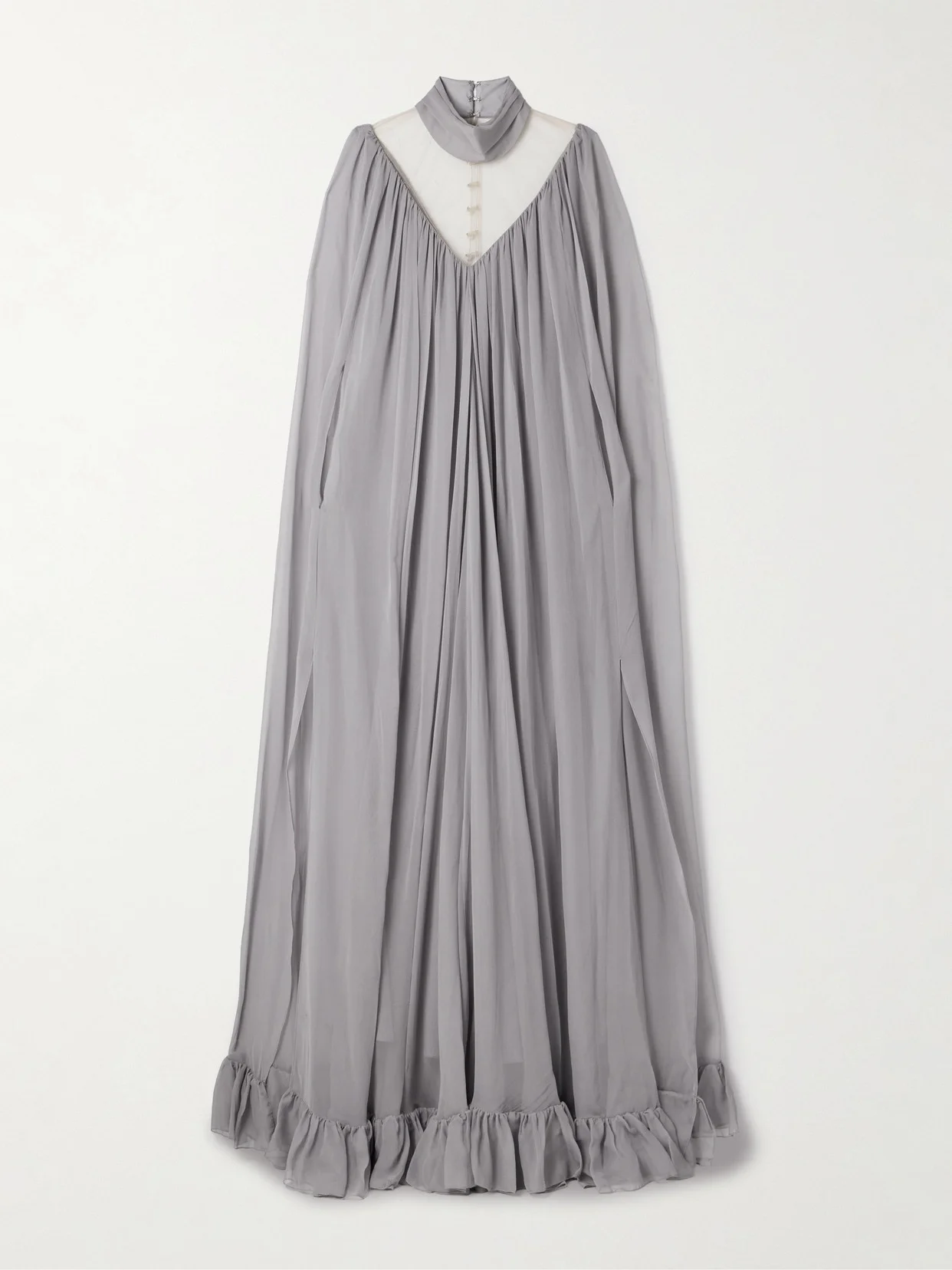Cape-effect Tulle-paneled Ruffled Silk-chiffon Gown - 1