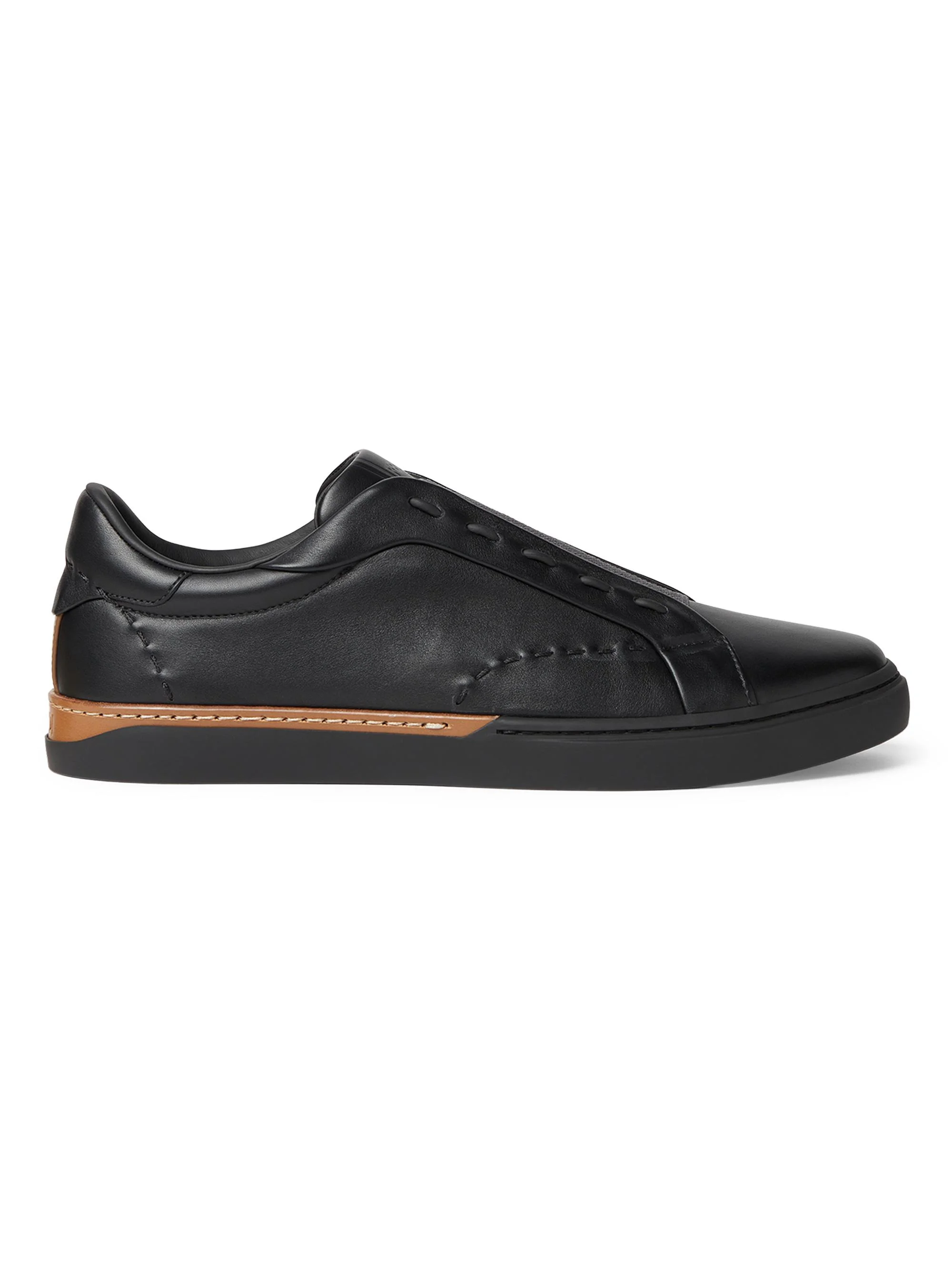 Men Vitello Leather Slip-On Sneakers - Nero Choc - 1