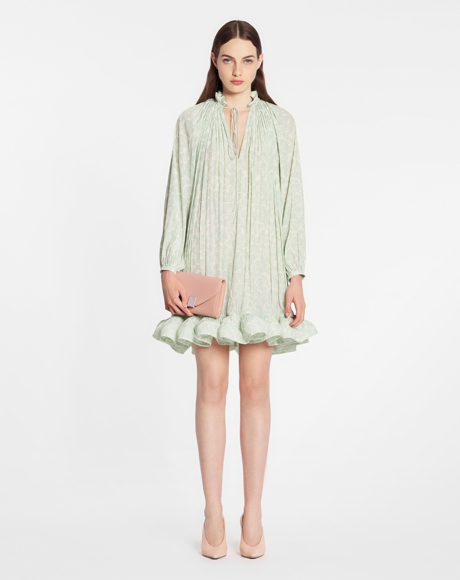 LONG SLEEVE MINI DRESS WITH RUFFLES IN FLOWER PRINT CHARMEUSE - 2