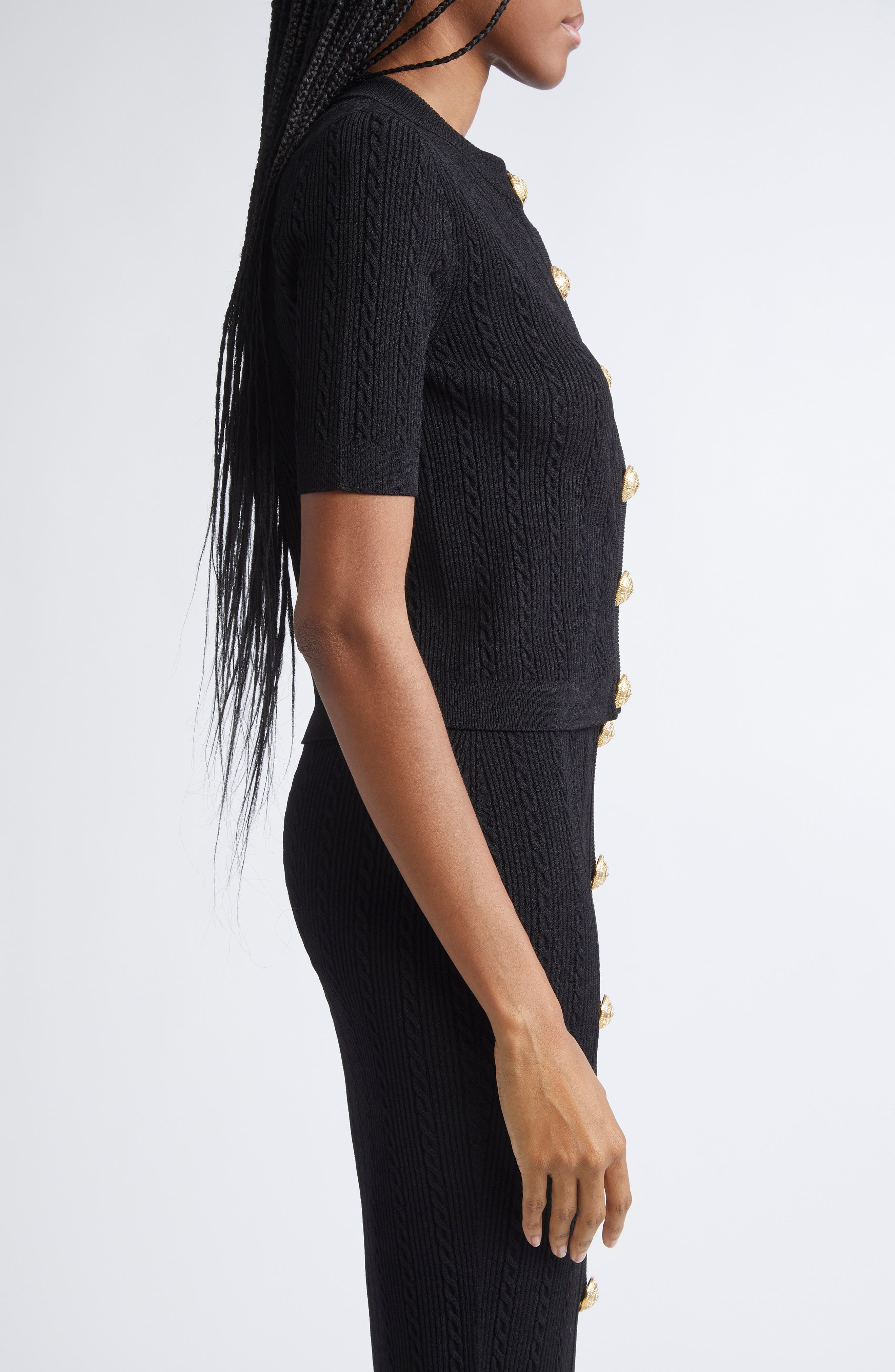 Balmain Cable Stitch Short Sleeve Cardigan in 0Pa Black at Nordstrom - 4