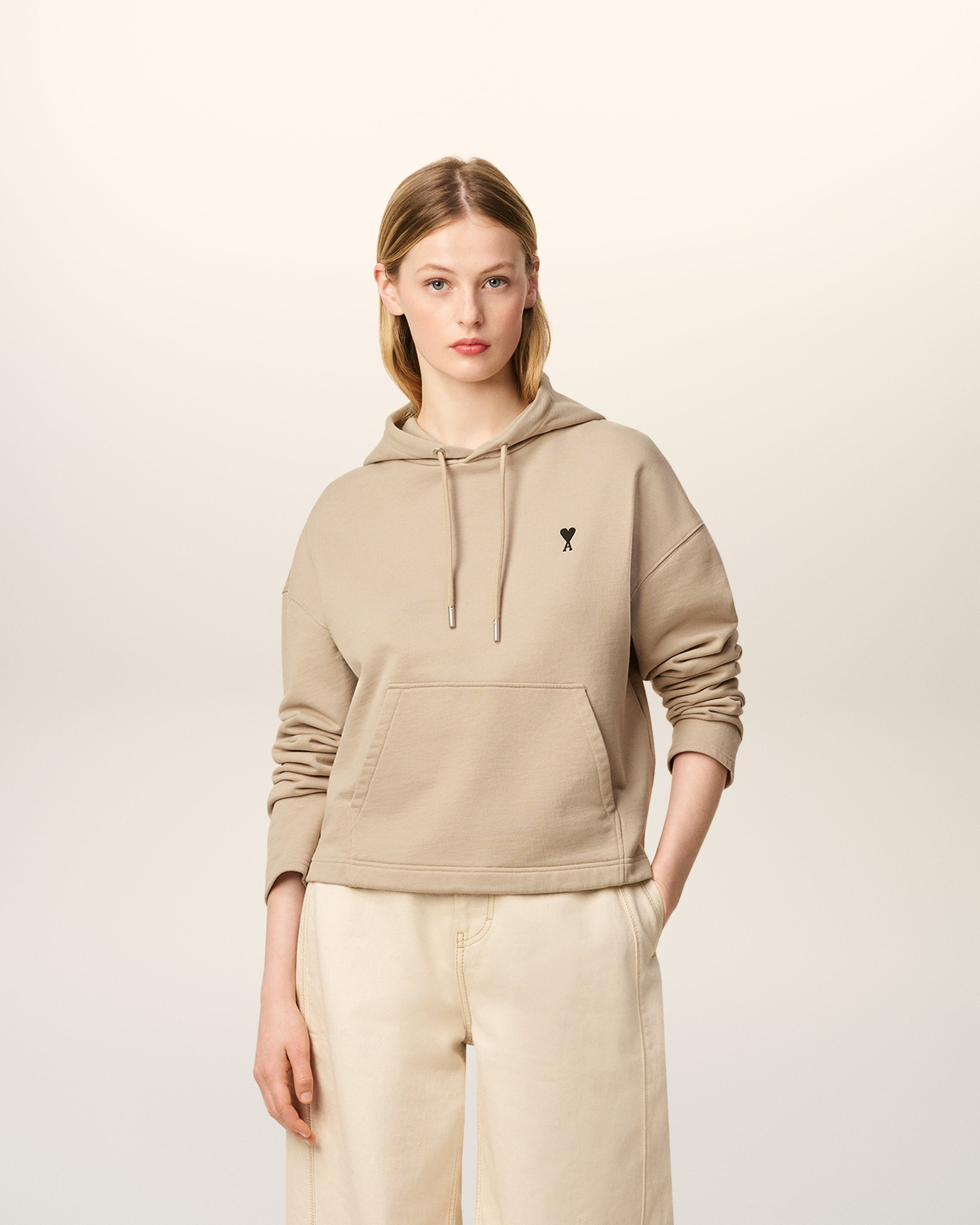 BEIGE COTTON CONTRASTED AMI DE COEUR HOODIE - 2