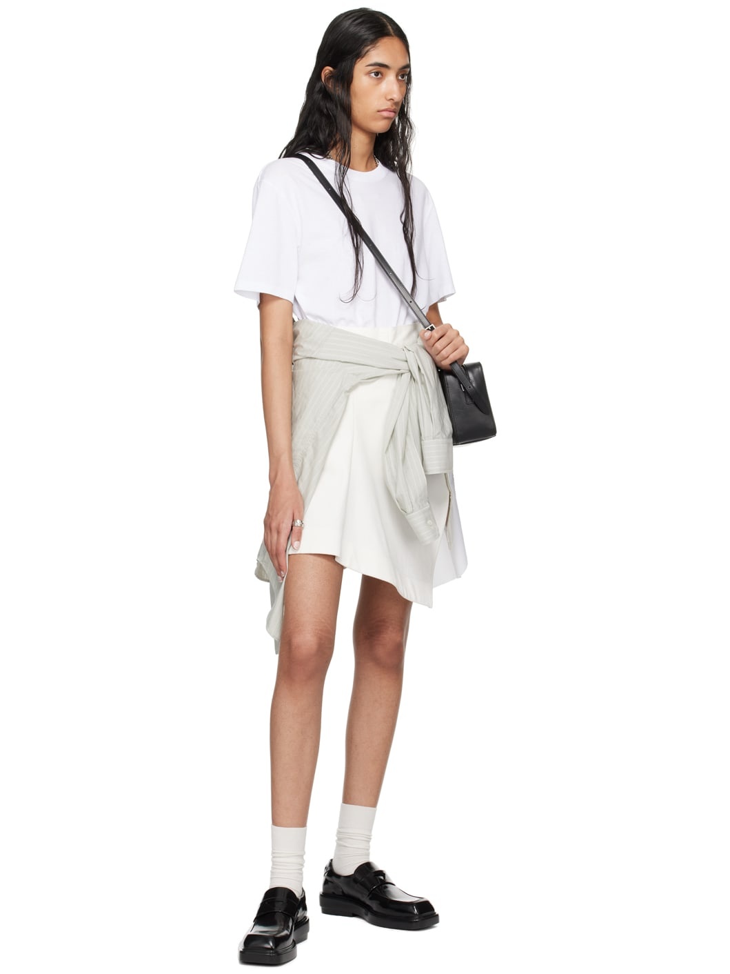 White Wool Paneled Denim Miniskirt - 4