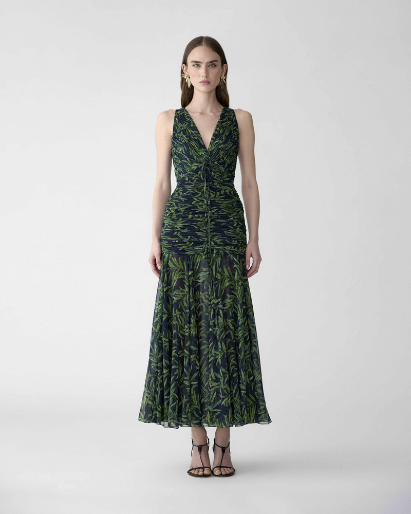 CAROLINA HERRERA Olive Branch-Print Gathered Midi Dress outlook