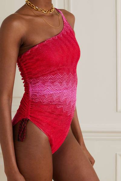 Missoni Mare one-shoulder ruched metallic crochet-knit swimsuit outlook